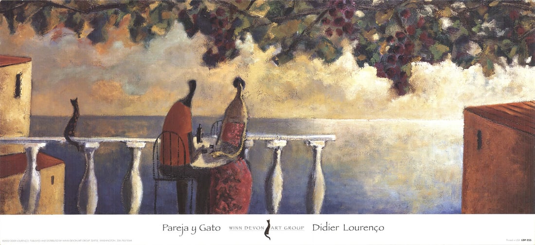 American DIDIER LOURENCO Couple and Cat 9" x 20" Offset Lithograph 2002 African: American DIDIER LOURENCO Couple and Cat 9" x 20" Offset Lithograph 2002 African A stunning offset lithograph by renowned artist Didier Lourenco, "Couple and Cat" (2002) is a captivating depiction of d