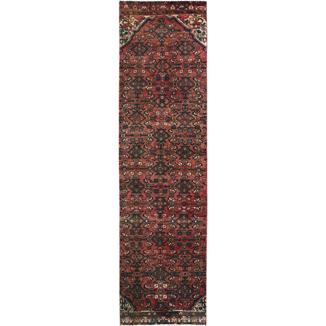Vintage 2'5"x9'4" Red Zoroastrian Khamadan Hand-Knotted All Wool Runner Rug: Vintage 2'5"x9'4" Red Zoroastrian Khamadan Hand-Knotted All Wool Runner Rug Experience the rich history and cultural heritage of Turkey with this stunning vintage 2'5"x9'4" Red Zoroastrian Khamadan Ha