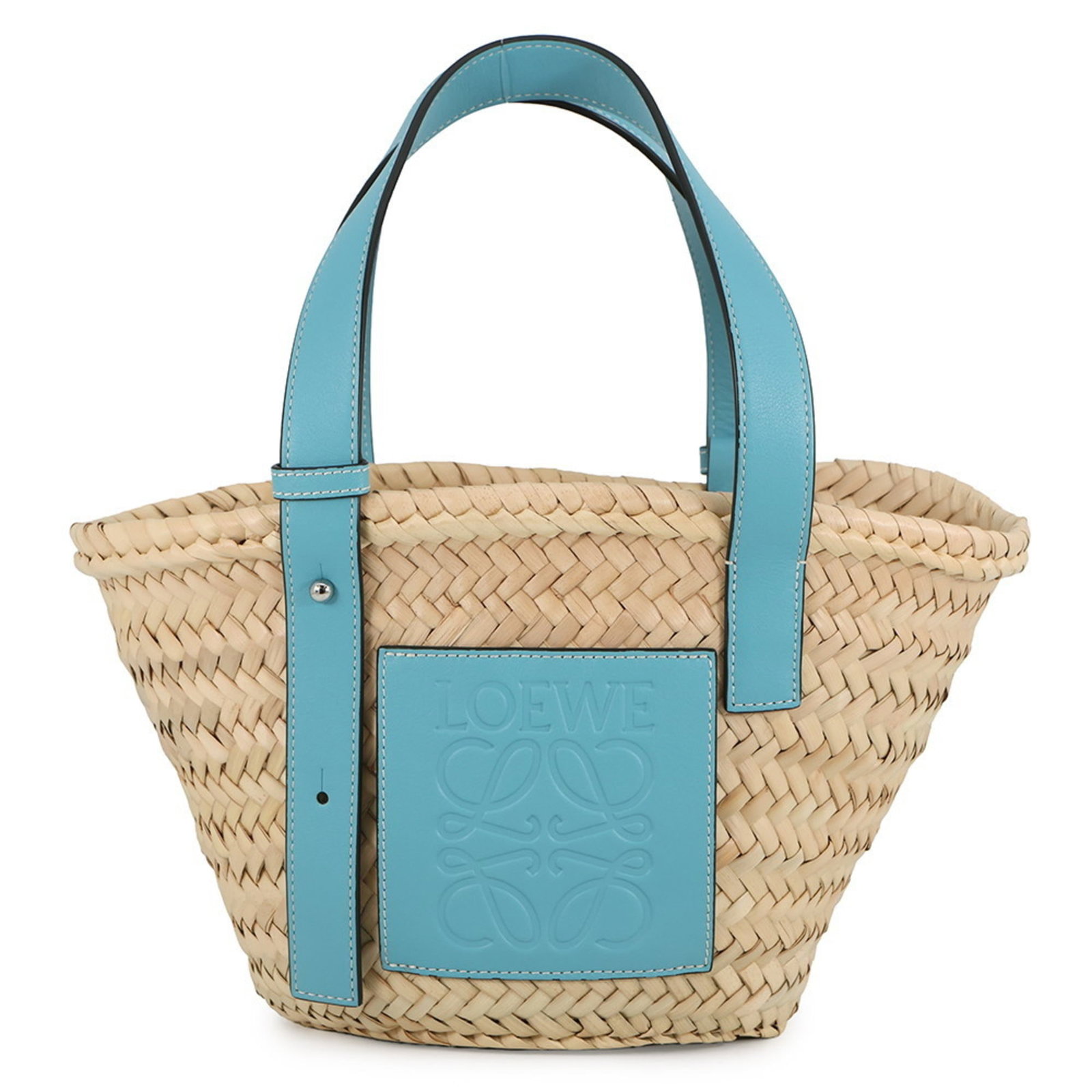 Loewe Raffia Leather Handbag: Loewe Raffia Leather Handbag Experience the effortless elegance of Loewe's iconic Raffia Leather Handbag, boasting a stunning light blue hue and sleek silver hardware. With its spacious interior and o