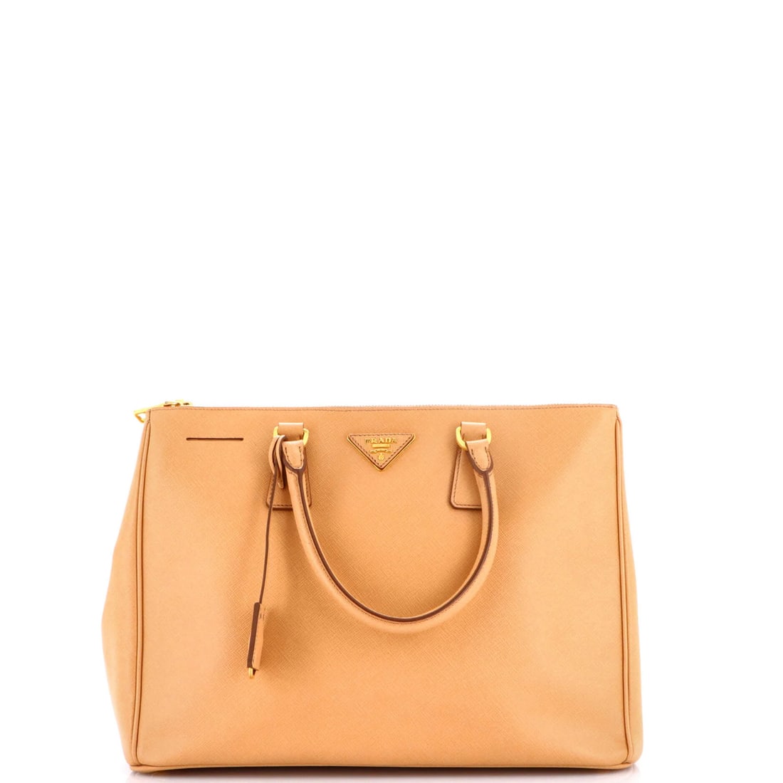 Prada Double Zip Lux Saffiano Leather Large Tote: Prada Double Zip Lux Saffiano Leather Large Tote Experience the timeless elegance of Prada's Double Zip Lux Saffiano Leather Large Tote, boasting a rich brown exterior and luxurious gold hardware. Thi