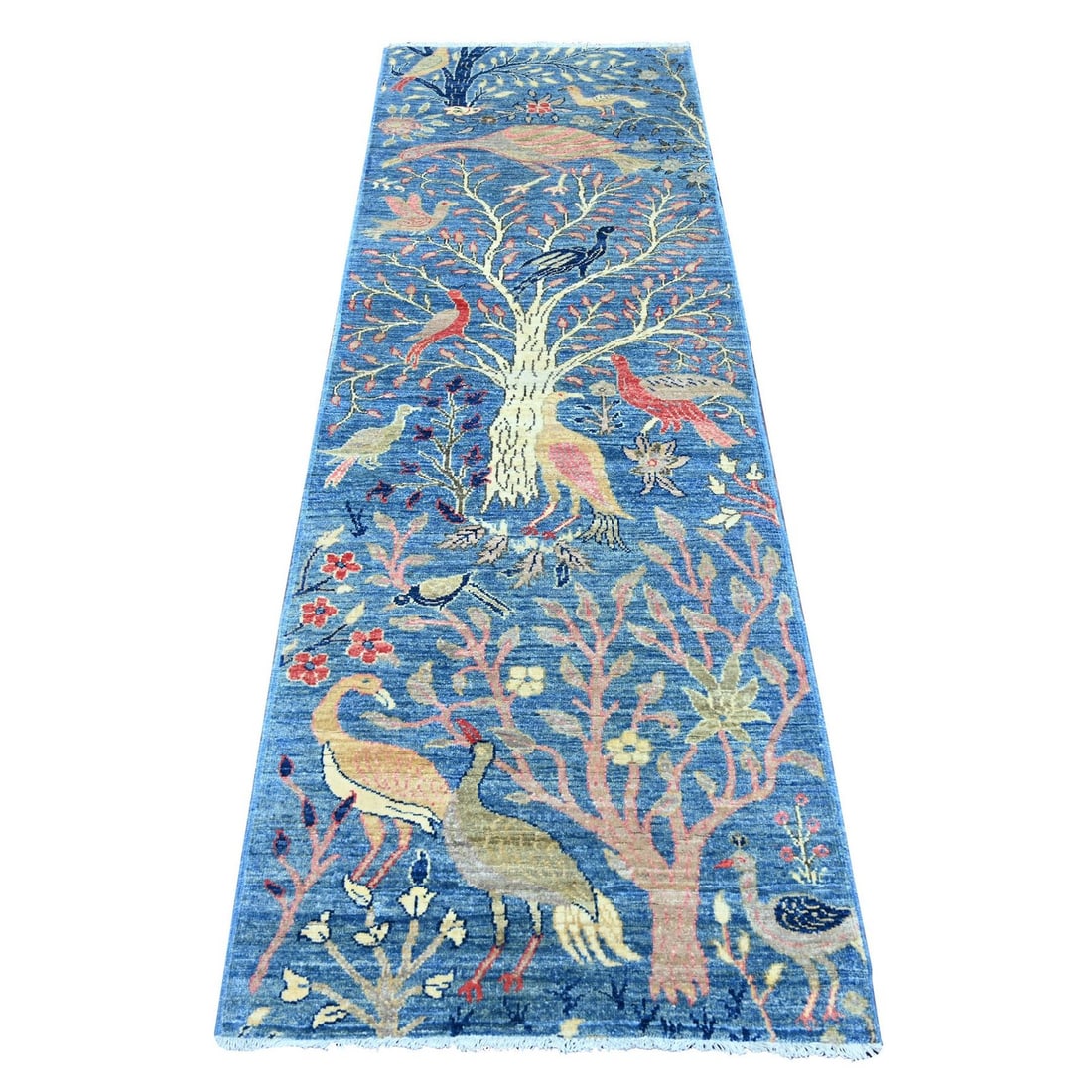 Runner 2'6"x7'7" Blue Peshawar Birds of Paradise Design Hand Knotted Wool: Runner 2'6"x7'7" Blue Peshawar Birds of Paradise Design Hand Knotted Wool Experience the rich cultural heritage of Afghanistan with this stunning 2'6"x7'7" Blue Peshawar Birds of Paradise design