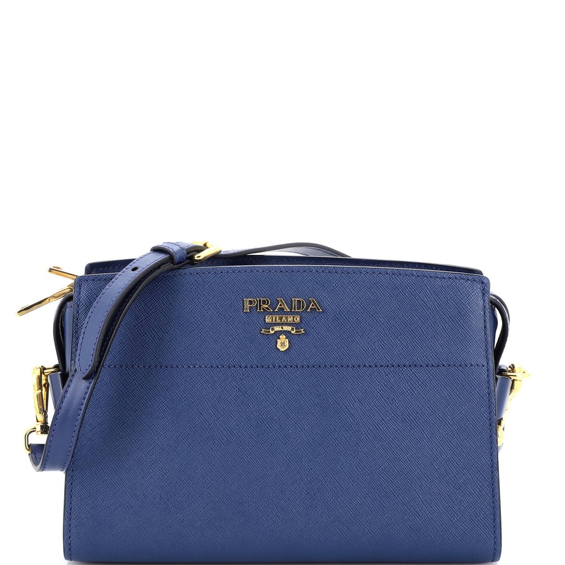 Leather Prada Bibliotheque Crossbody Saffiano: Leather Prada Bibliotheque Crossbody Saffiano A sleek and sophisticated Prada Bibliotheque Crossbody Saffiano leather bag, boasting a classic blue hue and gold hardware, is up for grabs. With its stur