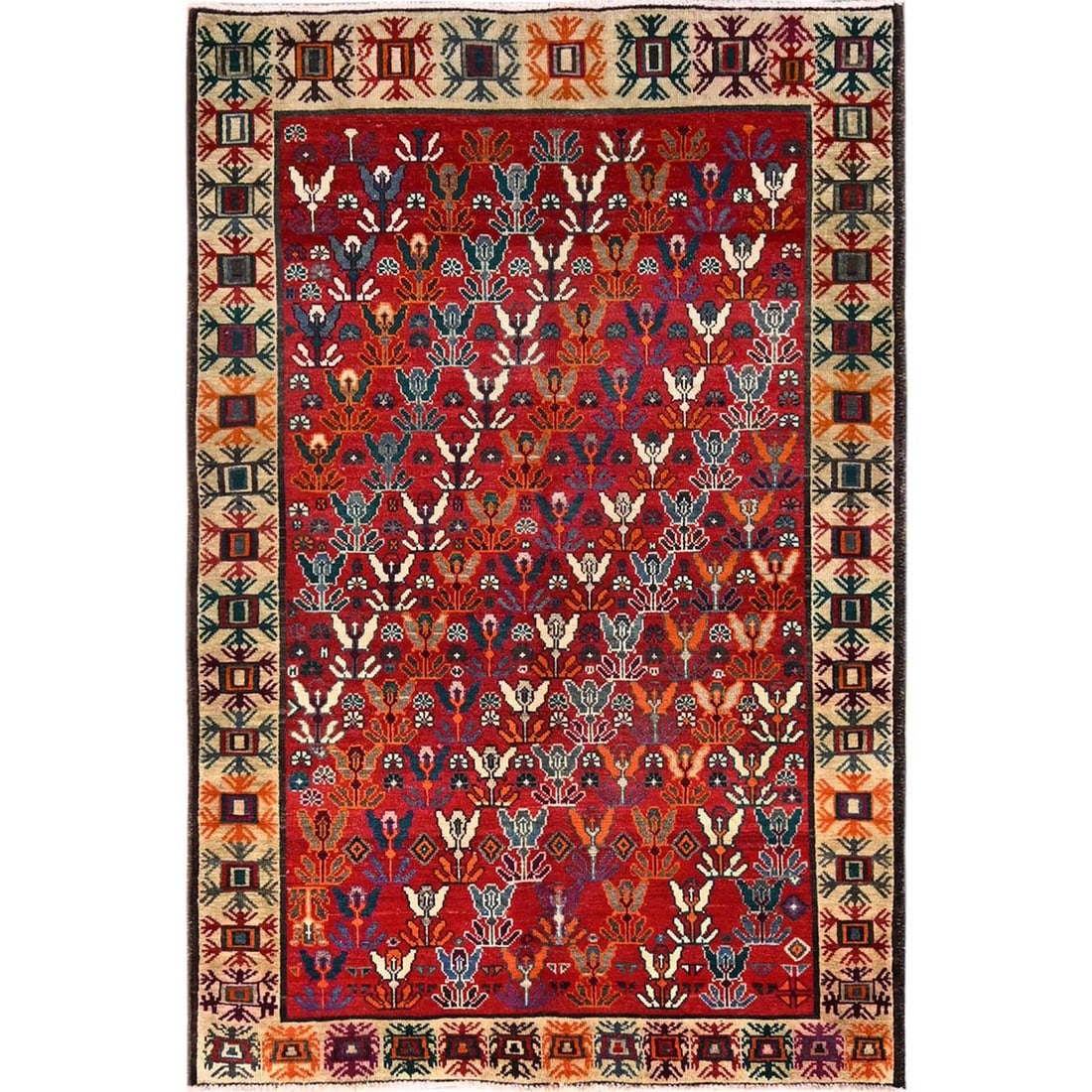 Wool 5'x7'5" Red Vintage Zoroastrian Sheeraz with Flower Design Hand Knotted: Wool 5'x7'5" Red Vintage Zoroastrian Sheeraz with Flower Design Hand Knotted Experience the rich cultural heritage of Turkey with this stunning 1950s vintage Zoroastrian wool rug, hand-knotted in vibr