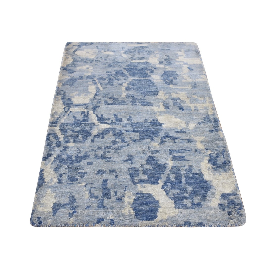 Rug 2'x3' Blue Wool Hand Knotted Award Winning THE HONEYCOMB Design Mat: Rug 2'x3' Blue Wool Hand Knotted Award Winning THE HONEYCOMB Design Mat Experience the rich beauty of India's finest craftsmanship with this stunning 2'x3' blue wool hand-knotted rug, featuring an awa