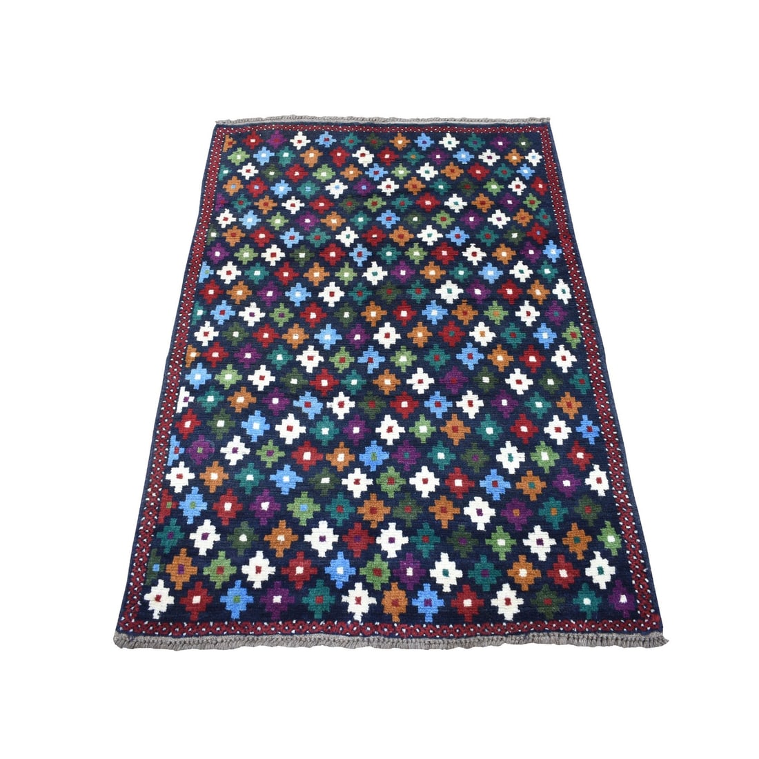 Rug 3'4"x4'8" All Over Design Pure Wool Hand Made Colorful Afghan Village: Rug 3'4"x4'8" All Over Design Pure Wool Hand Made Colorful Afghan Village Experience the vibrant colors and rich texture of a truly unique, hand-knotted pure wool Afghan rug from Afghanistan. With its