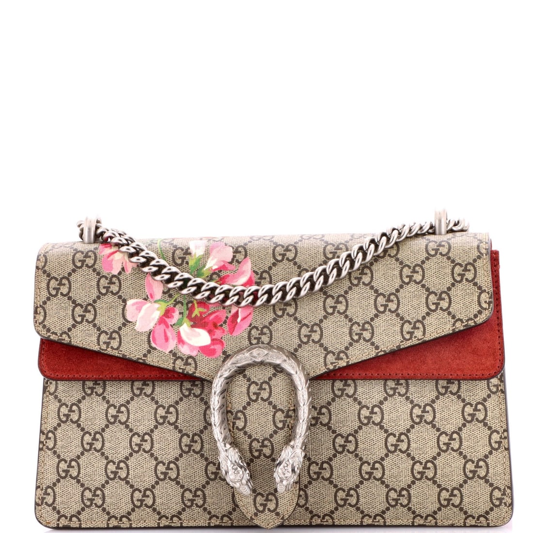 Gucci Dionysus Bag in Medium with Blooms Print GG Coated Canvas: Gucci Dionysus Bag in Medium with Blooms Print GG Coated Canvas The iconic Gucci Dionysus Bag in Medium boasts a striking Blooms Print GG Coated Canvas exterior, adding a touch of bold elegance to any