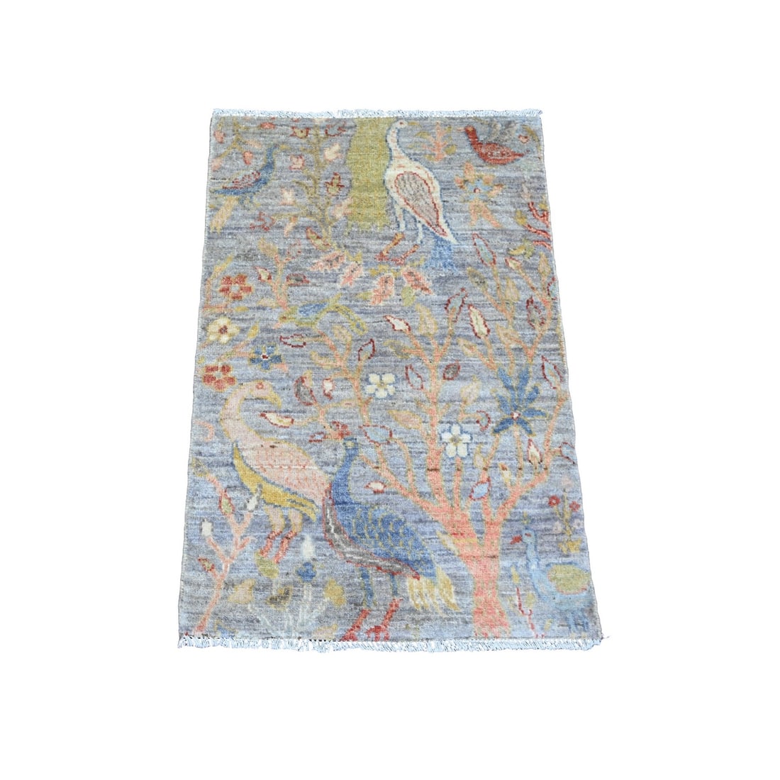 Blue Afghan Peshawar Birds Design Hand-Knotted All Wool Mat Rug (2'1"x3'2"): Blue Afghan Peshawar Birds Design Hand-Knotted All Wool Mat Rug (2'1"x3'2") Experience the rich cultural heritage of Afghanistan with this stunning Blue Afghan Peshawar Birds Design Hand-Knotted All W