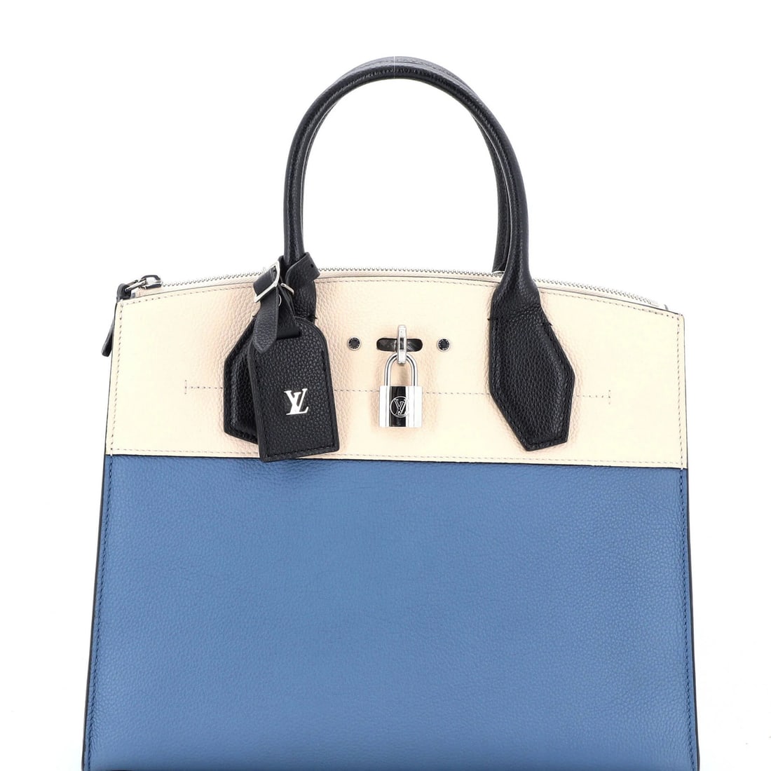Louis Vuitton City Steamer MM Leather Handbag: Louis Vuitton City Steamer MM Leather Handbag The Louis Vuitton City Steamer MM Leather Handbag is a timeless and stylish tote, boasting the iconic LV monogram pattern in a sleek blue hue. With its sp
