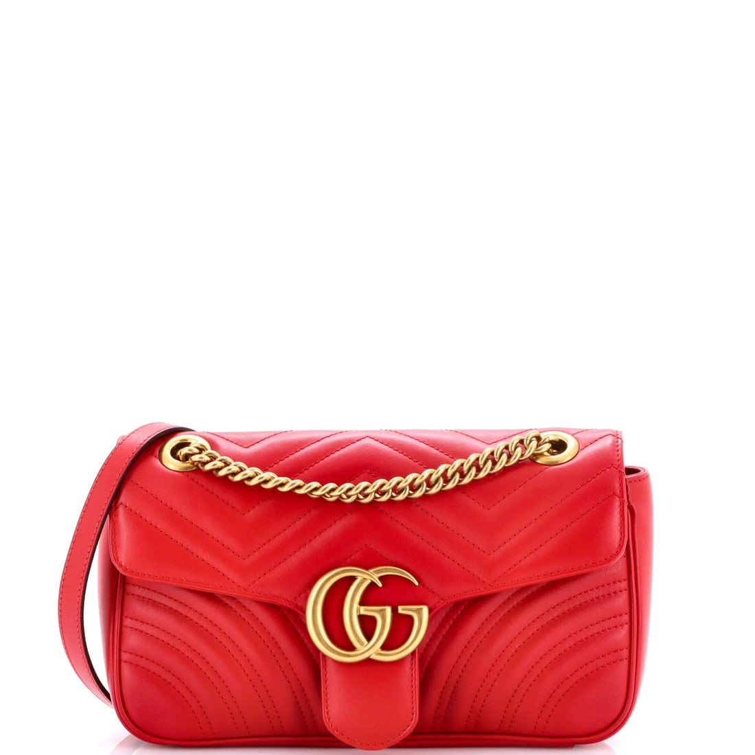 Gucci GG Marmont Small Matelasse Leather Flap Bag: Gucci GG Marmont Small Matelasse Leather Flap Bag Experience the timeless elegance of Gucci's iconic GG Marmont Small Matelasse Leather Flap Bag, boasting a striking red exterior and rich matelasse le