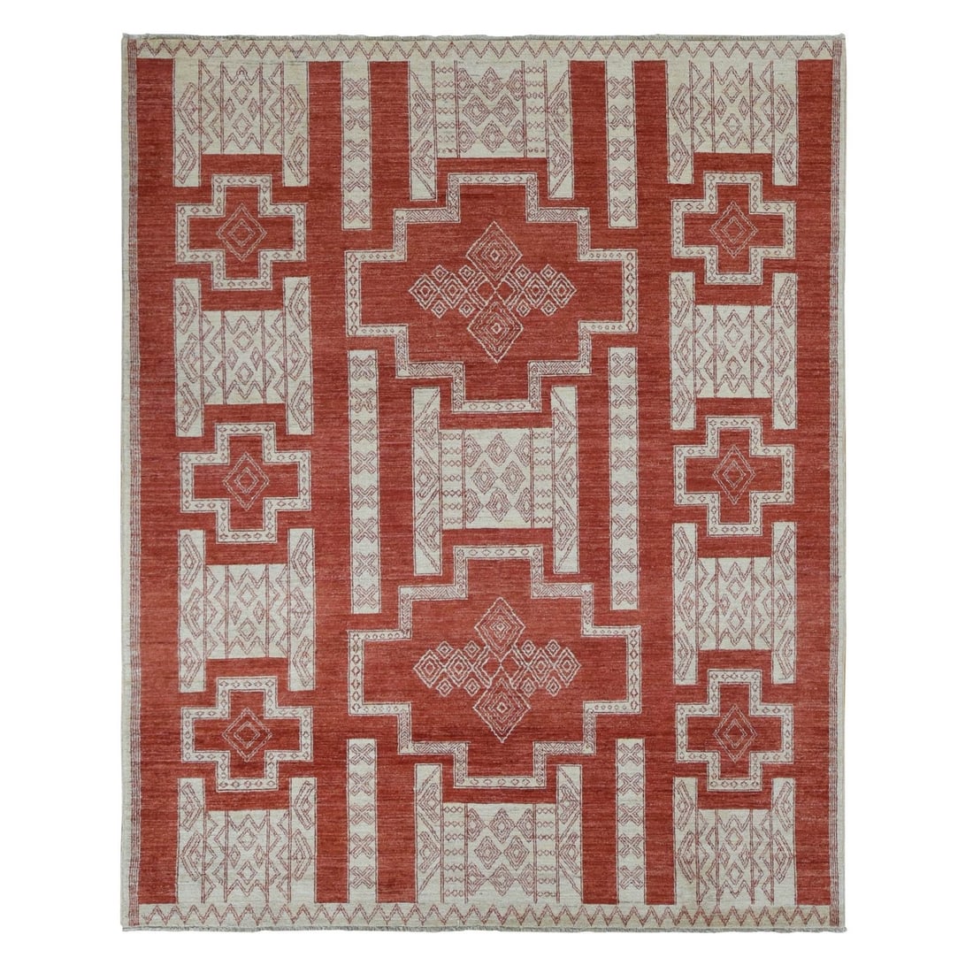 Rug 8'1"x10' Red Wool Hand Knotted Peshawar with Geometric Motifs: Rug 8'1"x10' Red Wool Hand Knotted Peshawar with Geometric Motifs Experience the rich cultural heritage of Afghanistan with this stunning 8'1"x10' Red Wool Hand Knotted Peshawar rug, boasting intricat