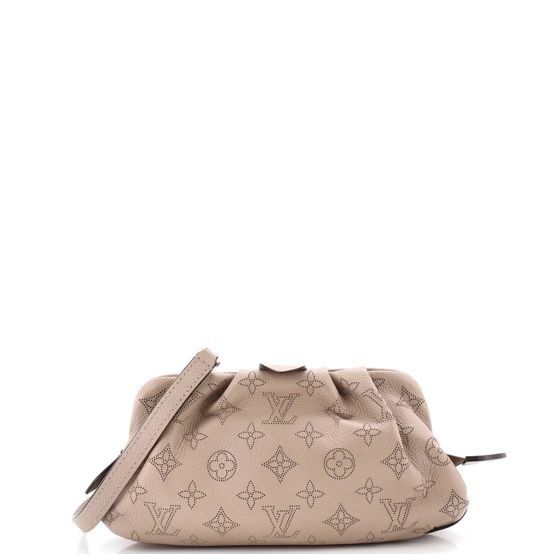 Mini Louis Vuitton Scala Pouch Bag Mahina Leather: Mini Louis Vuitton Scala Pouch Bag Mahina Leather A luxurious mini Louis Vuitton Scala Pouch Bag, crafted from rich Mahina leather in a classic brown hue, adds an effortless touch of sophistication