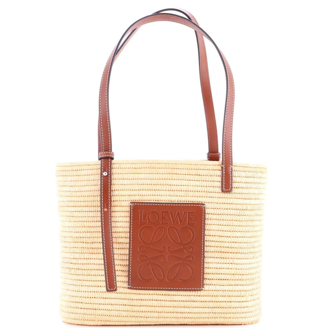 Loewe Small Woven Raffia Square Basket Tote: Loewe Small Woven Raffia Square Basket Tote Elevate your everyday with the timeless charm of Loewe's Small Woven Raffia Square Basket Tote, crafted from rich brown raffia that exudes understated sophi