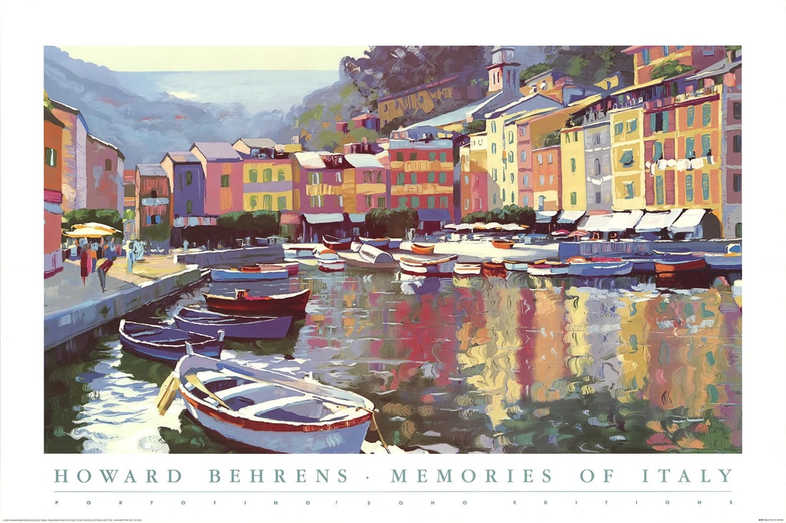 Howard Behrens - Memories of Italy (1993) 24" x 36" Offset Lithograph: Howard Behrens - Memories of Italy (1993) 24" x 36" Offset Lithograph Experience the serene beauty of Howard Behrens' 1993 offset lithograph, "Memories of Italy", measuring 24 x 36 inches. This stunni