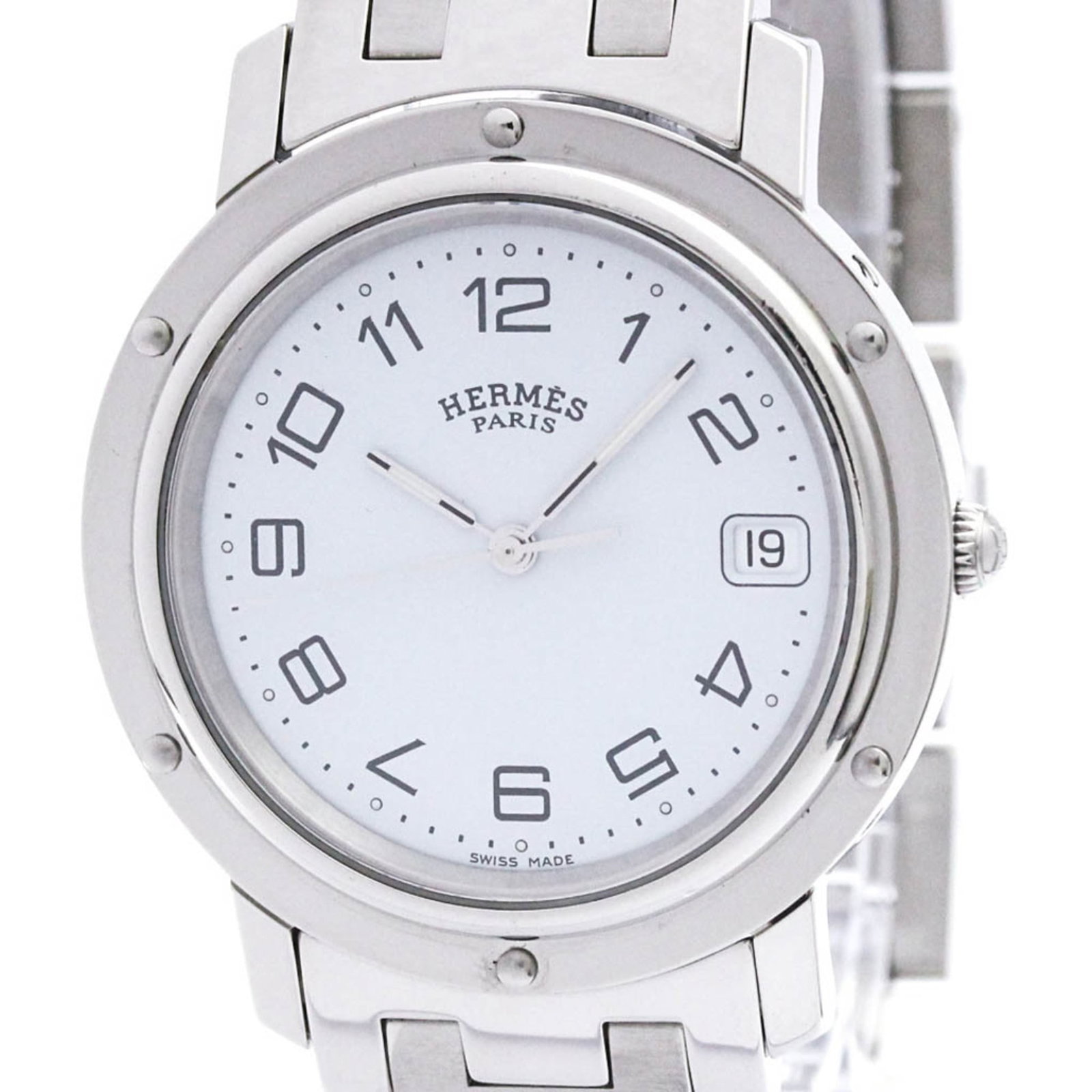 Wristwatch Hermes: Wristwatch Hermes A pre-owned Hermes wristwatch, perfect for the discerning gentleman, boasts a sleek 36mm stainless steel case and band, paired with a crisp white dial. Its classic design makes it su