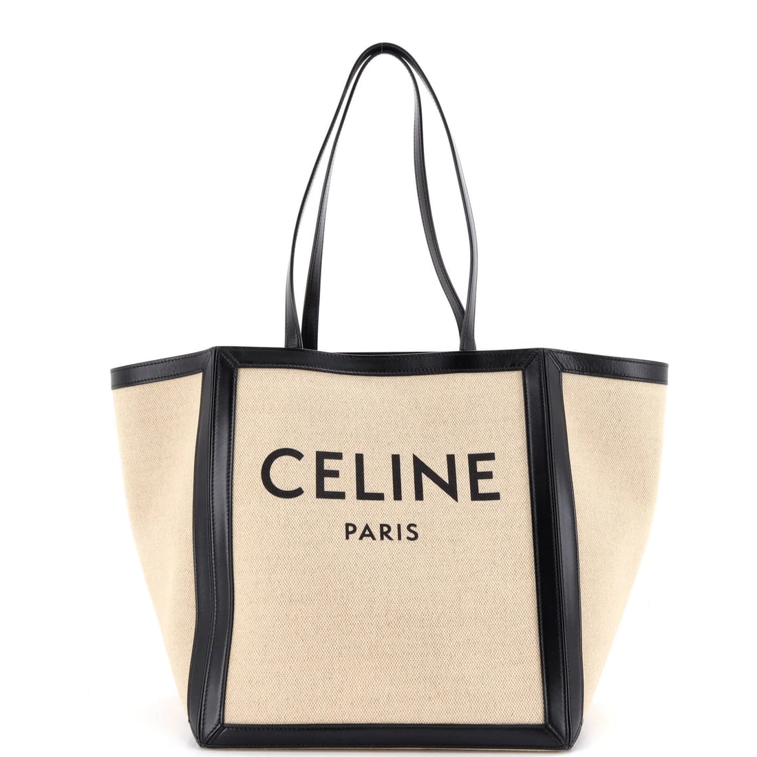 Large Celine Vertical Square Cabas Tote Canvas with Leather: Large Celine Vertical Square Cabas Tote Canvas with Leather Elevate your everyday style with the iconic Celine Vertical Square Cabas Tote, boasting a spacious canvas exterior in neutral tones and slee