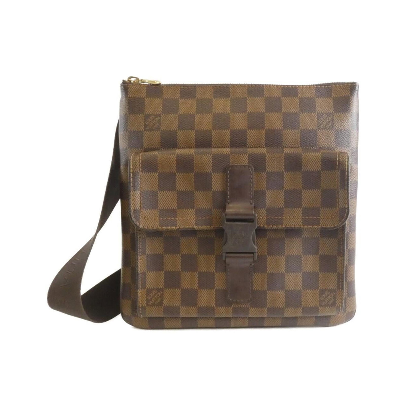Louis Vuitton Pochette Shoulder Bag in Coated Canvas: Louis Vuitton Pochette Shoulder Bag in Coated Canvas A stylish and versatile Louis Vuitton Pochette Shoulder Bag, crafted from durable coated canvas, boasts sleek gold hardware and a timeless Ebene co