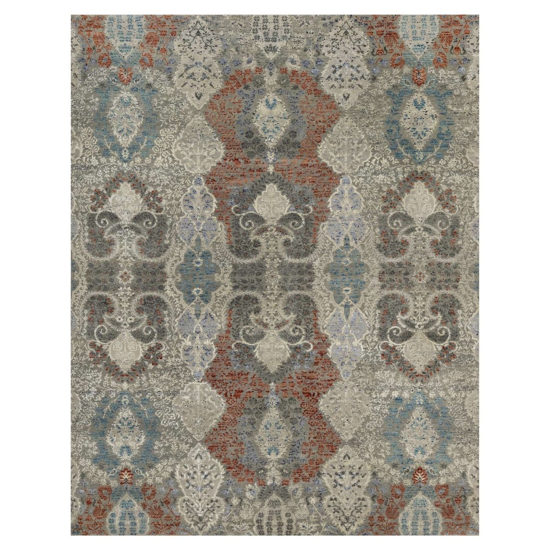 Oriental 8'x10'2" Agate Gray Wool and Silk Rug Jewelry Design Hand Knotted: Oriental 8'x10'2" Agate Gray Wool and Silk Rug Jewelry Design Hand Knotted Experience the timeless elegance of India's rich cultural heritage with this stunning 8'x10'2" hand-knotted wool and silk rug