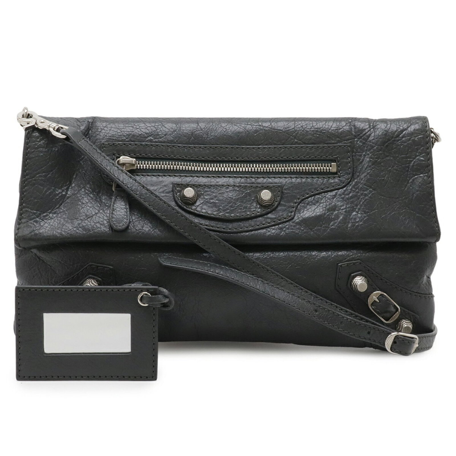 Leather Balenciaga Shoulder Clutch Bag: Leather Balenciaga Shoulder Clutch Bag Elevate your evening look with this luxurious Balenciaga leather shoulder clutch bag, boasting sleek dark gray tones and a sophisticated design that exudes high-