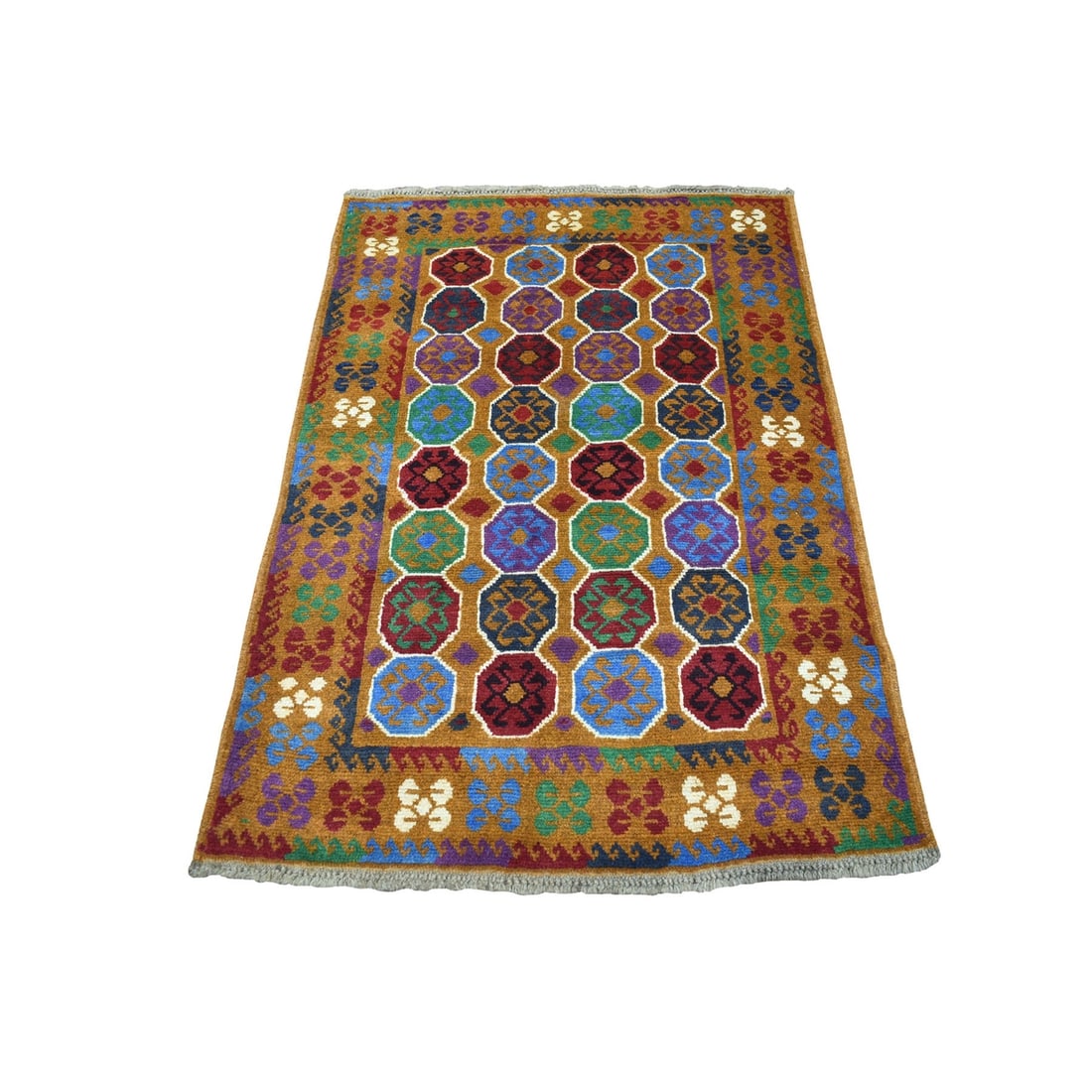 Rug 3'6"x4'9" Elephant Feet Design Hand Made Wool Colorful Afghan Tribal: Rug 3'6"x4'9" Elephant Feet Design Hand Made Wool Colorful Afghan Tribal Experience the rich cultural heritage of Afghanistan with this stunning, hand-knotted wool rug featuring an authentic elephant
