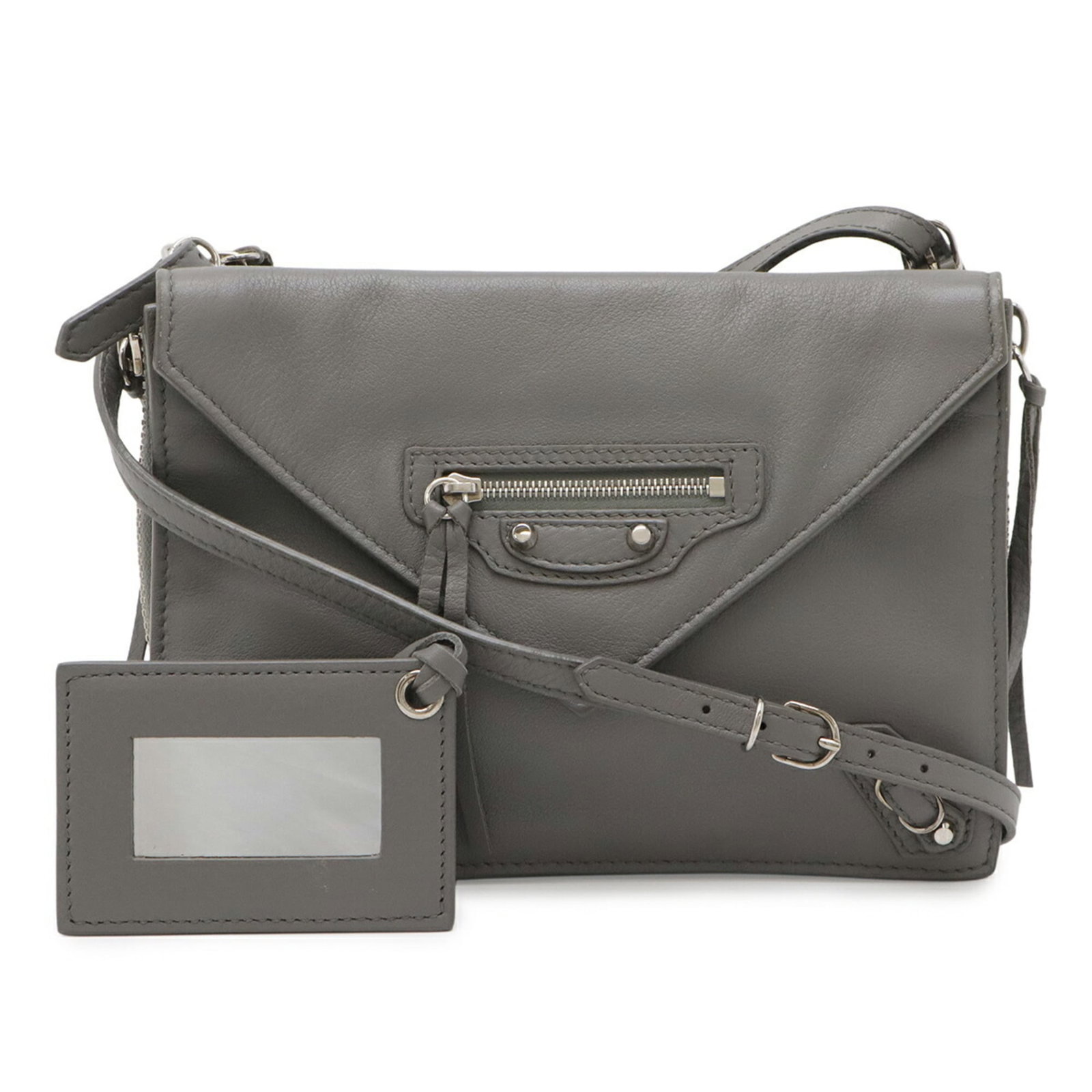 Leather Balenciaga Pochette Shoulder Bag: Leather Balenciaga Pochette Shoulder Bag A sleek and sophisticated Balenciaga Pochette Shoulder Bag, crafted from high-quality leather in a timeless gray hue. With its adjustable strap and compact siz
