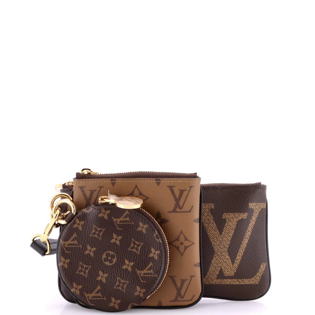 Giant Louis Vuitton Trio Pouch Set Reverse Monogram: Giant Louis Vuitton Trio Pouch Set Reverse Monogram Experience the iconic style of Louis Vuitton with this stunning Trio Pouch Set Reverse Monogram clutch, boasting a classic brown canvas exterior and