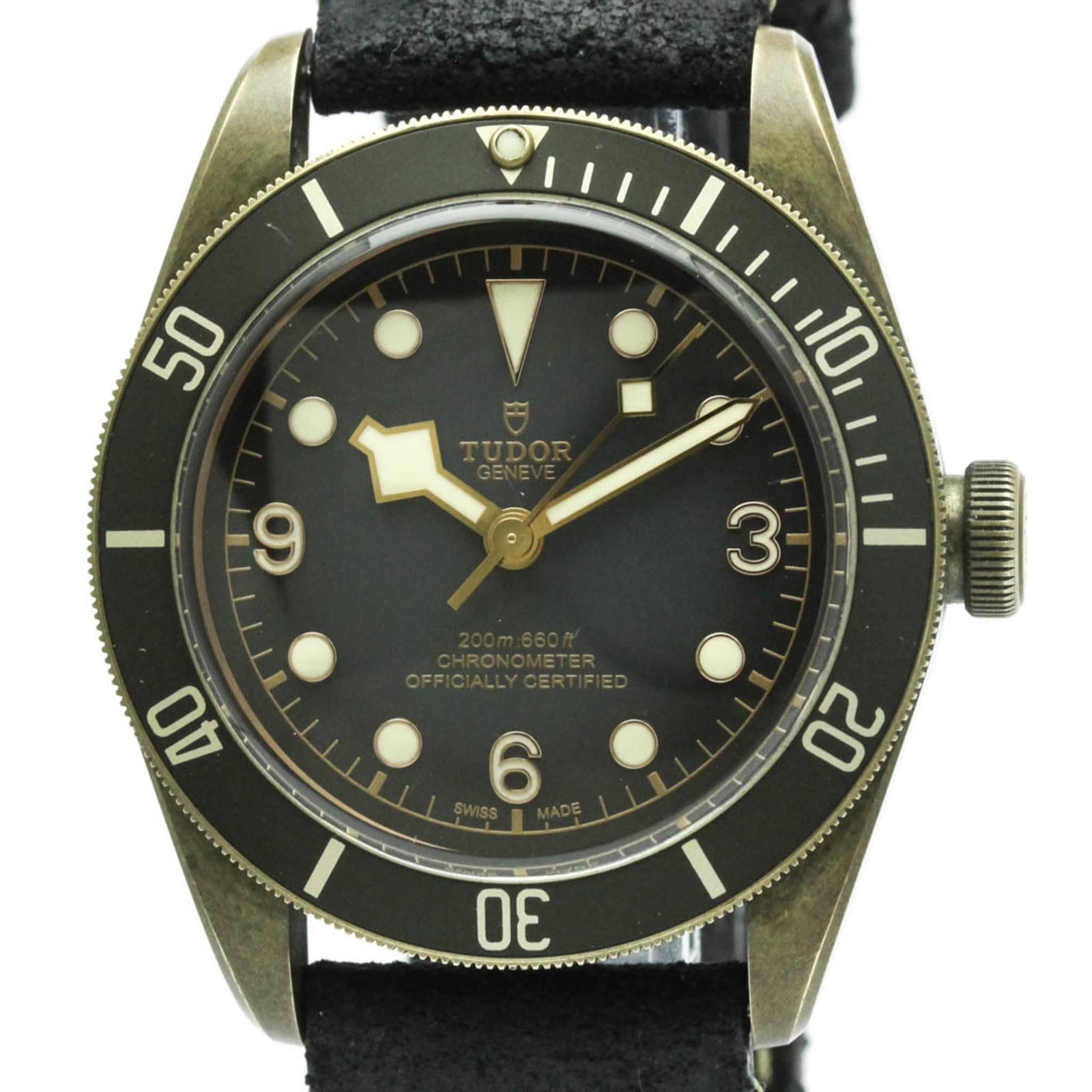 Wristwatch Tudor: Wristwatch Tudor A vintage Tudor wristwatch, boasting a striking bronze case and sleek leather strap, adds a touch of rugged sophistication to any outfit. With its 43mm diameter and black dial, this s