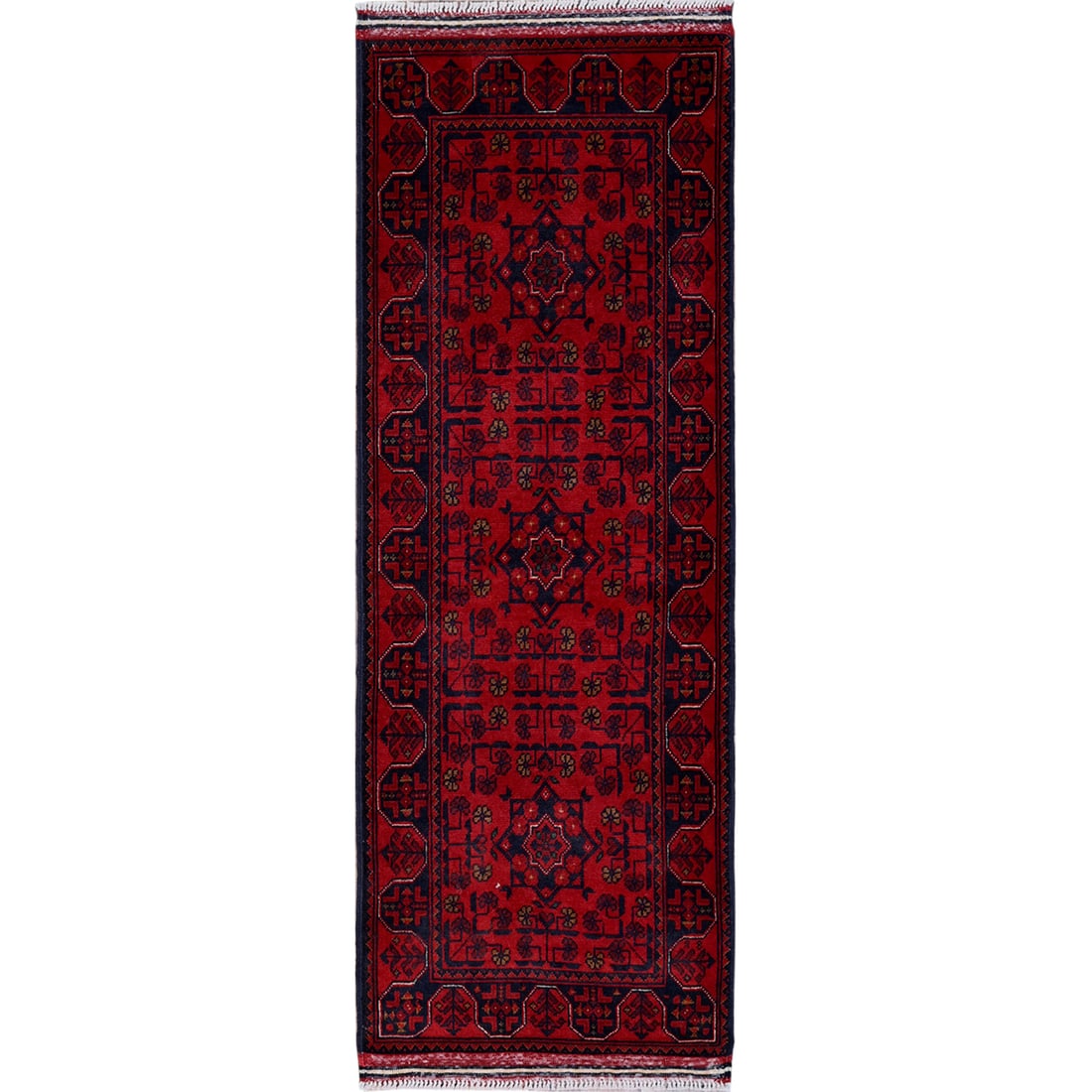 Rug 1'9"x4'9" Red Afghan Khamyab Geometric Pattern Hand Knotted Wool Runner: Rug 1'9"x4'9" Red Afghan Khamyab Geometric Pattern Hand Knotted Wool Runner Experience the rich cultural heritage of Afghanistan in every step with this stunning 1'9"x4'9" Red Afghan Khamyab
