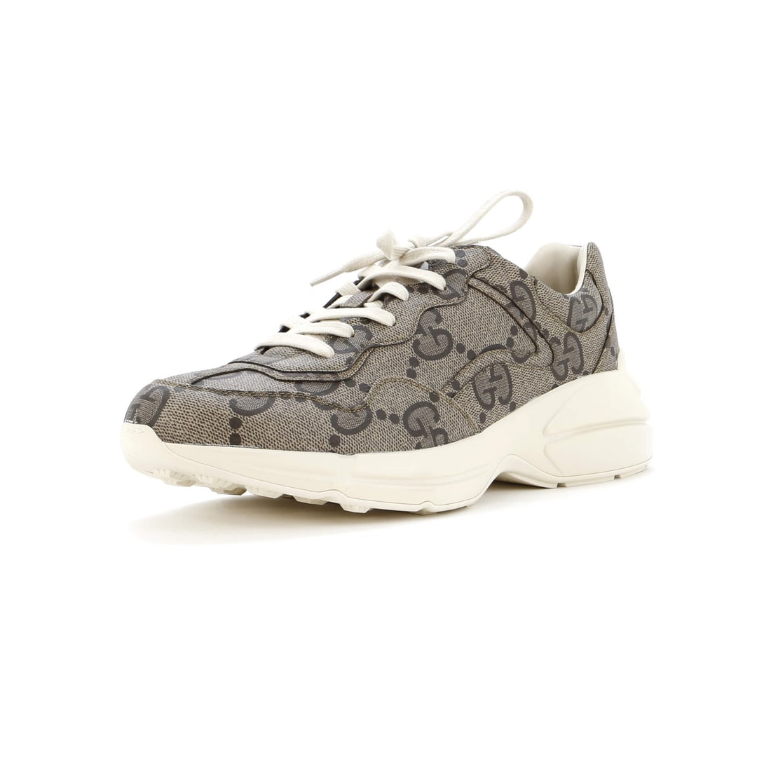 Gucci Rhyton Jumbo Sneakers in GG Coated Canvas: Gucci Rhyton Jumbo Sneakers in GG Coated Canvas Elevate your shoe game with the iconic Gucci Rhyton Jumbo Sneakers, boasting bold GG Coated Canvas details and a timeless brown hue that adds warmth to