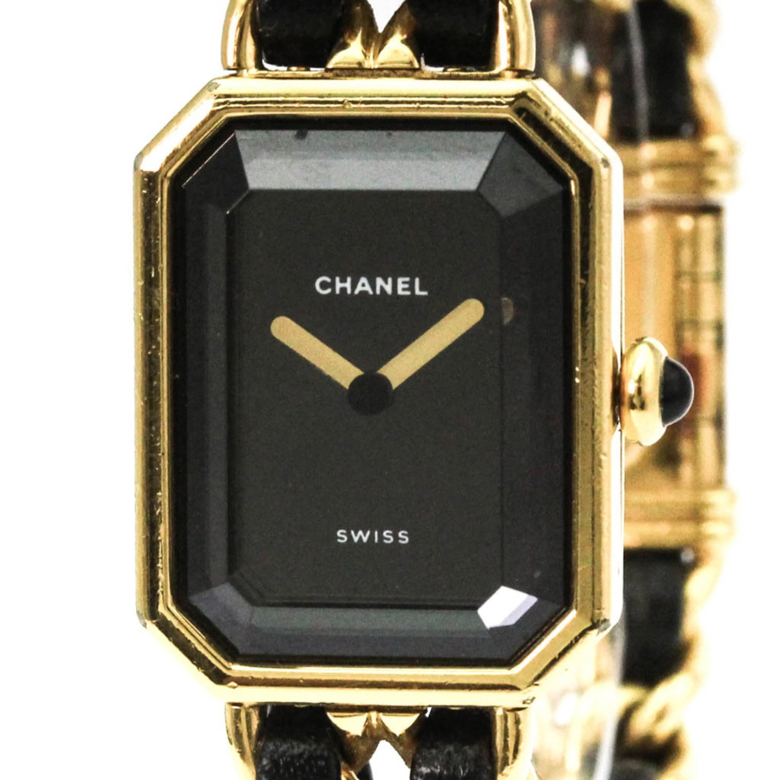 Wristwatch Chanel: Wristwatch Chanel A stunning gold plated Chanel wristwatch with a sleek 20mm case and black leather strap, perfect for dressing up any formal occasion. With its classic design and timeless elegance, t