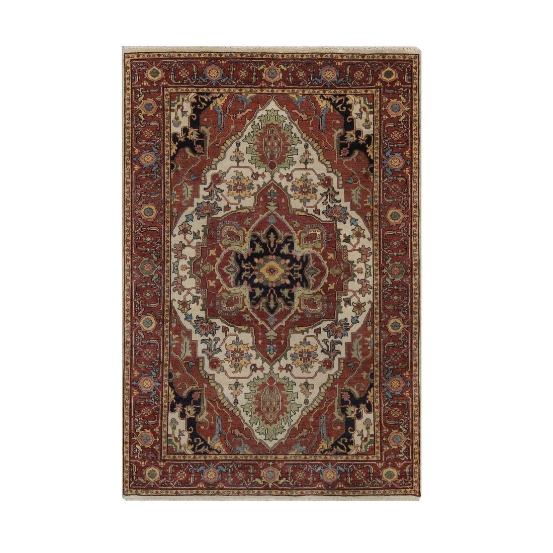 Hand-knotted ivory wool rug, 4'1"x6'2", fine heris re-creation.: Hand-knotted ivory wool rug, 4'1"x6'2", fine heris re-creation. Experience the timeless elegance of Indian craftsmanship with this exquisite hand-knotted ivory wool rug, expertly re-creating the intri