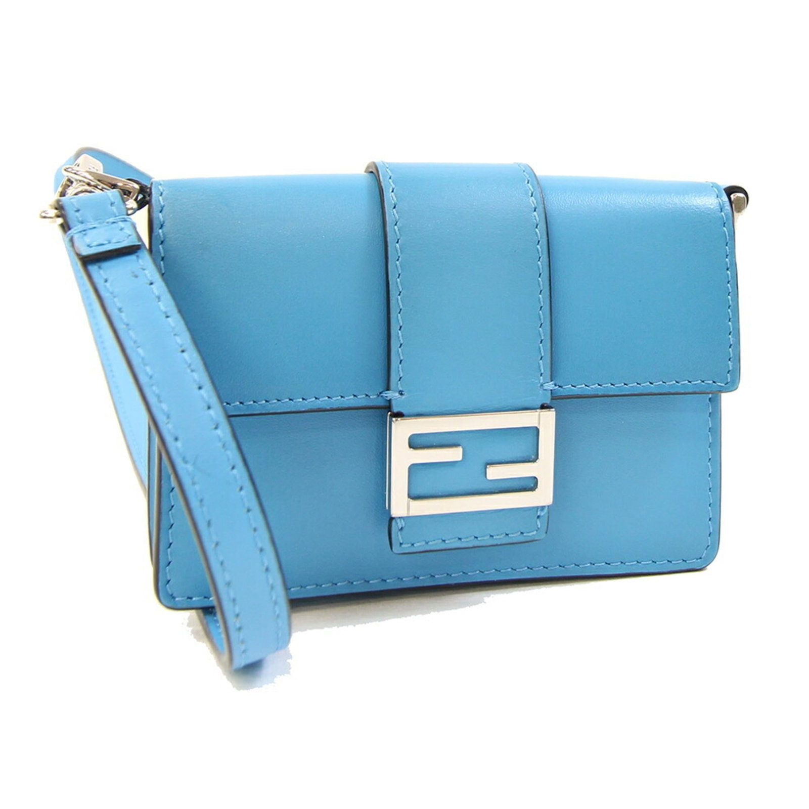 Fendi Pochette Shoulder Bag in Leather: Fendi Pochette Shoulder Bag in Leather A chic and timeless Fendi Pochette Shoulder Bag in light blue leather, perfect for adding an air of sophistication to any outfit. With its sleek design and
