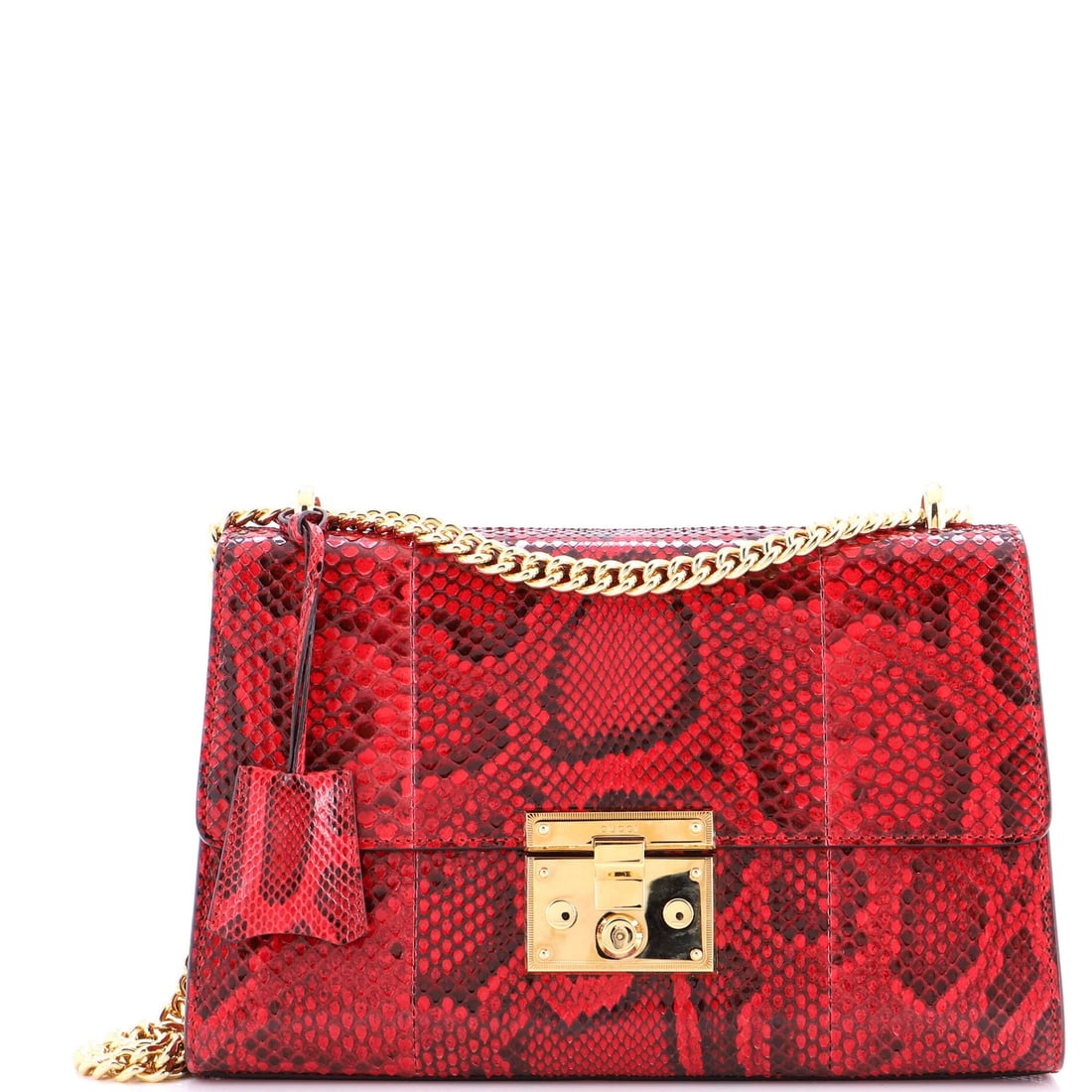 Gucci Python Medium Padlock Shoulder Bag: Gucci Python Medium Padlock Shoulder Bag Elevate your style with the iconic Gucci Python Medium Padlock Shoulder Bag, boasting sleek red python exterior and neutral microfiber interior. The classic pa