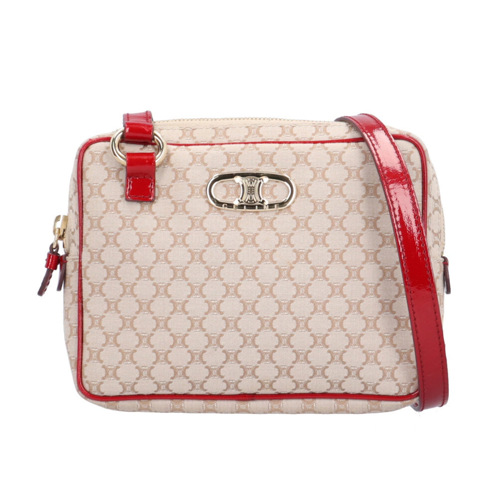 Canvas and Leather Celine Shoulder Bag: Canvas and Leather Celine Shoulder Bag A stunning Celine shoulder bag, crafted from rich beige canvas and supple leather, boasts an elegant enamel leather trim in striking red accents. The timeless