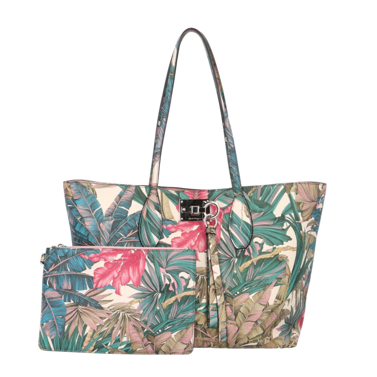 Salvatore Ferragamo Leather Tote Bag: Salvatore Ferragamo Leather Tote Bag A vibrant, multi-colored leather tote bag from the iconic Salvatore Ferragamo brand, boasting a timeless design and exceptional craftsmanship. With its spacious in