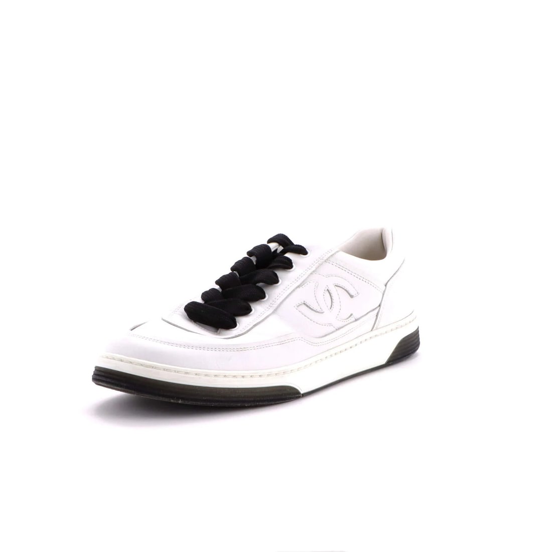 Chanel CC Low Top Leather Sneakers: Chanel CC Low Top Leather Sneakers Elevate your shoe game with the iconic Chanel CC Low Top Leather Sneakers, boasting sleek white leather upper and sole for a chic, effortless look. The classic desig