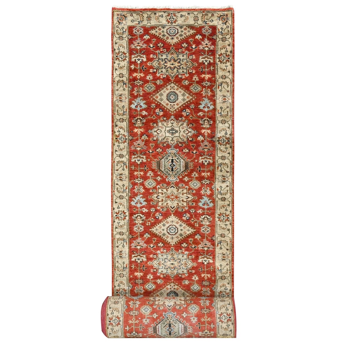 Rug 2'10"x24'9" Red Karjihooz Design Wool Hand Knotted XL Runner Oriental: Rug 2'10"x24'9" Red Karjihooz Design Wool Hand Knotted XL Runner Oriental Experience the rich beauty of Indian craftsmanship with this stunning 24'9" x 2'10" hand-knotted wool runner, boasting an intr
