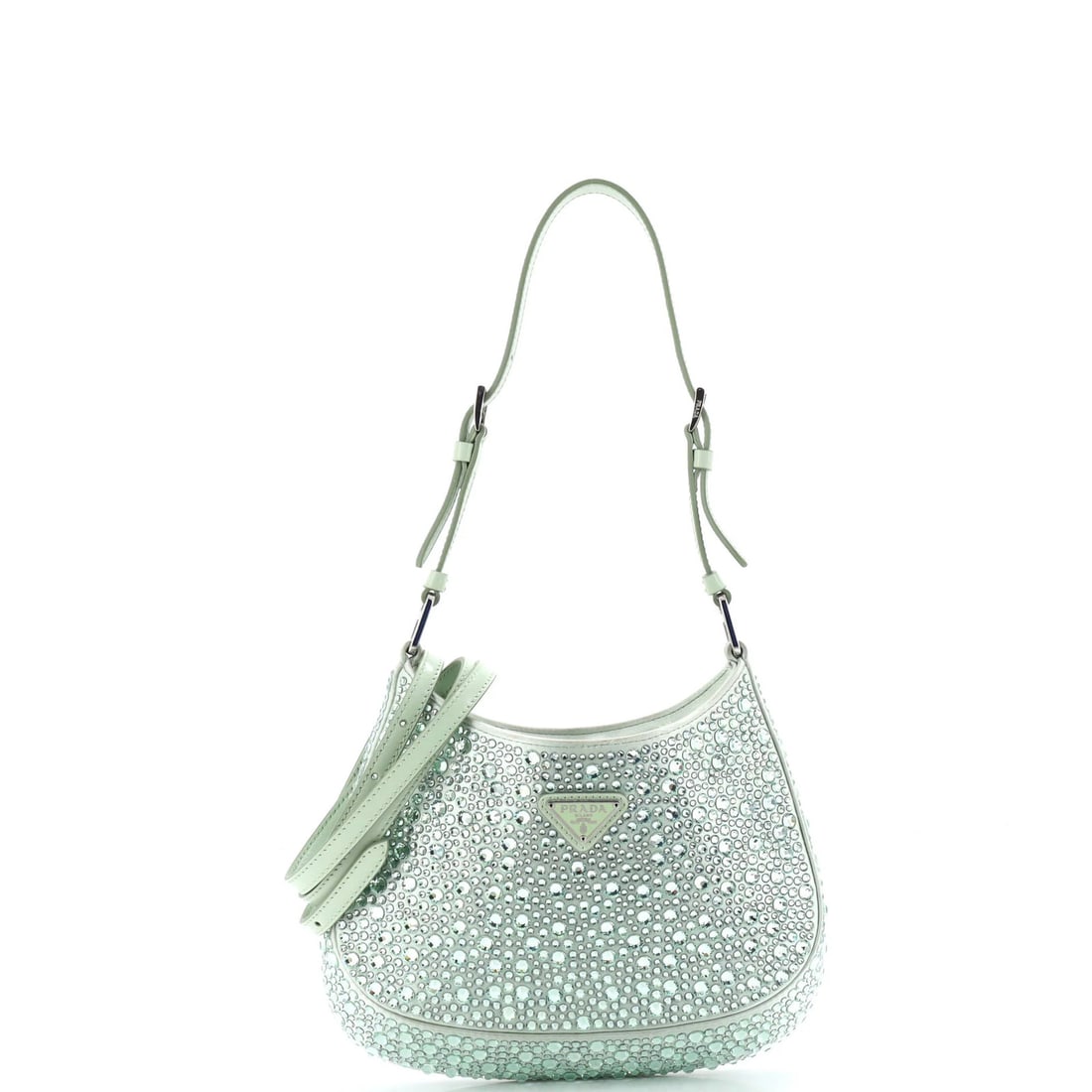 Prada Cleo Small Satin Crystal Embellished Shoulder Bag: Prada Cleo Small Satin Crystal Embellished Shoulder Bag Elevate your style with the Prada Cleo Small Satin Crystal Embellished Shoulder Bag, boasting intricate crystal embellishments on its luxurious