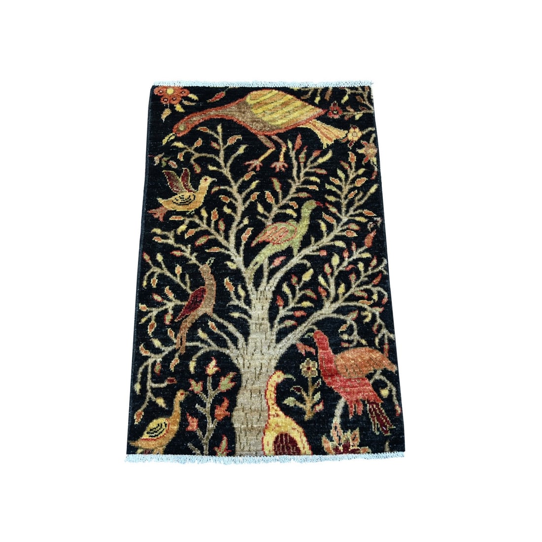 Rug 1'10"x3' Black Hand Knotted Peshawar Birds of Paradise Design Wool Mat: Rug 1'10"x3' Black Hand Knotted Peshawar Birds of Paradise Design Wool Mat Experience the rich cultural heritage of Afghanistan with this stunning black hand-knotted Peshawar Birds of Paradise design