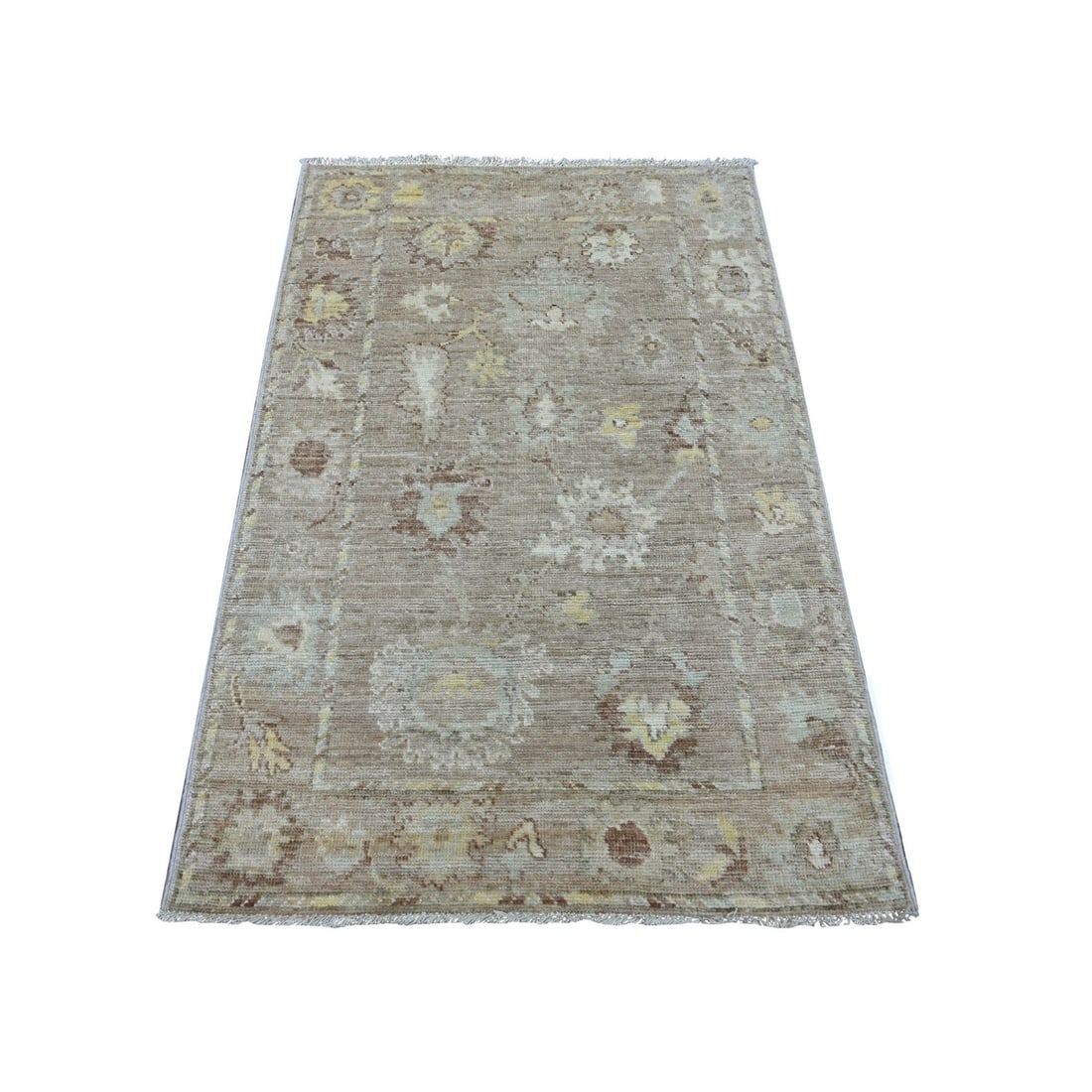 Brown Wool Afghan Angora Oushak Leaf Design Hand-Knotted 3'3"x4'10" Rug: Brown Wool Afghan Angora Oushak Leaf Design Hand-Knotted 3'3"x4'10" Rug Experience the rich heritage of Afghanistan with this stunning, hand-knotted Oushak rug, boasting a beautiful leaf design in war