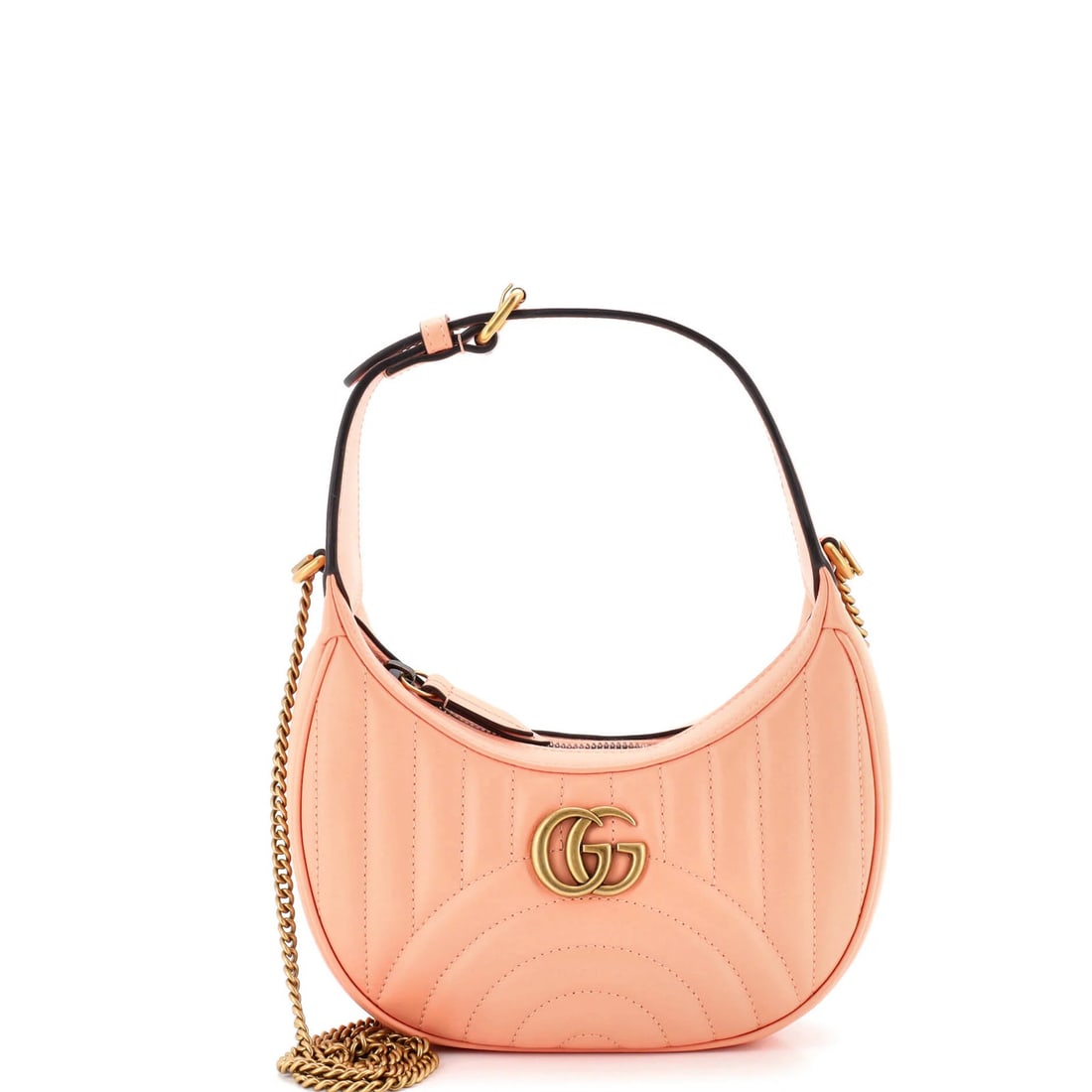 Mini Gucci GG Marmont Half Moon Hobo Matelasse Leather: Mini Gucci GG Marmont Half Moon Hobo Matelasse Leather Add a touch of vintage chic to your daily routine with this adorable Mini Gucci GG Marmont Half Moon Hobo Matelasse Leather bag. This petite pink