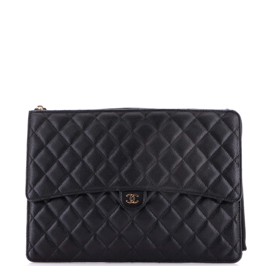 Chanel Large Caviar Quilted Flap Zip Clutch: Chanel Large Caviar Quilted Flap Zip Clutch Experience the timeless elegance of Chanel with this stunning Large Caviar Quilted Flap Zip Clutch in black leather. The quilted design and gold tone hardwa