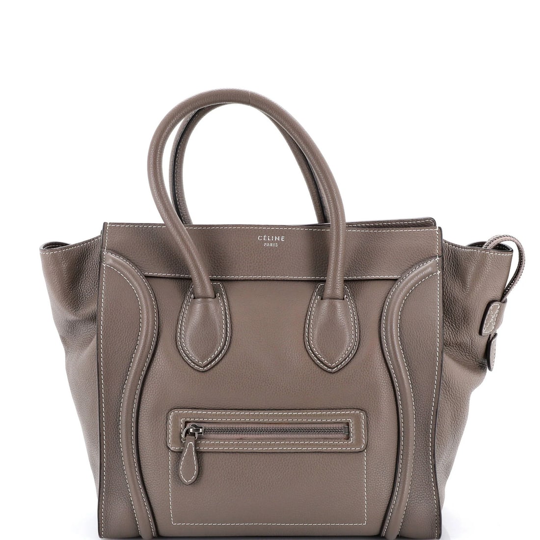 Celine Mini Luggage Bag in Grainy Leather: Celine Mini Luggage Bag in Grainy Leather For the discerning traveler, this Celine Mini Luggage Bag in Grainy Leather is a stylish and practical companion for your next adventure. With its sleek gray