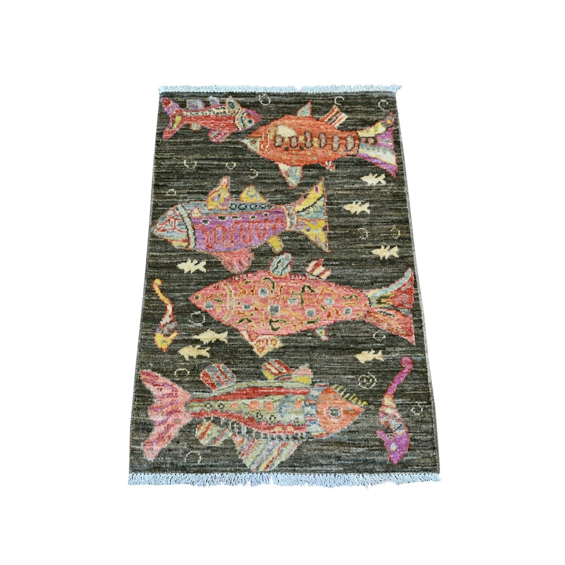 Rug 2'x3' Brown Peshawar Oceanic Fish Design Soft Wool Hand Knotted Mat: Rug 2'x3' Brown Peshawar Oceanic Fish Design Soft Wool Hand Knotted Mat Experience the rich cultural heritage of Afghanistan with this stunning 2'x3' Brown Peshawar Oceanic Fish Design Soft Wool Hand