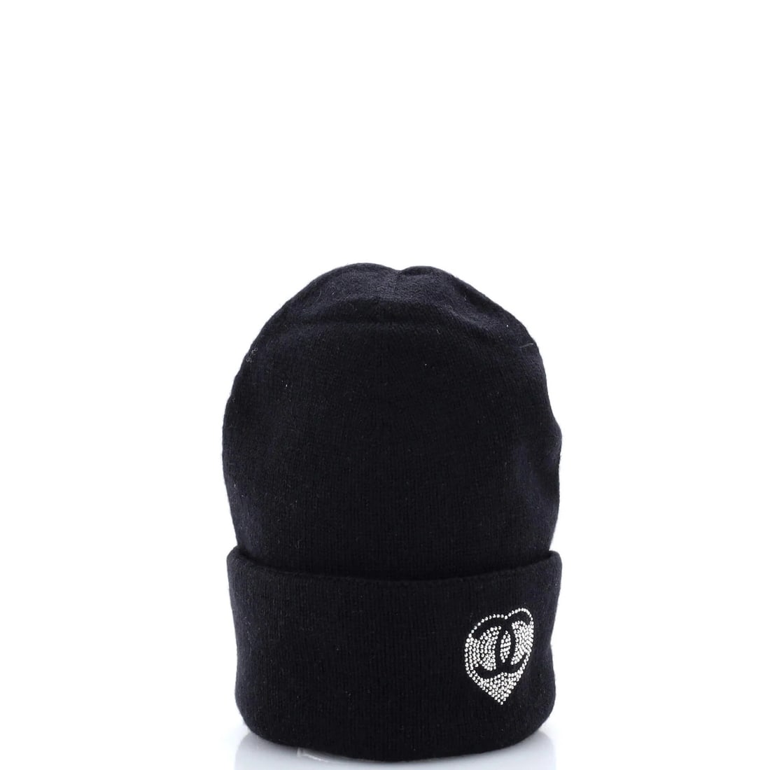 Chanel CC Heart Beanie in Crystal Embellished Cashmere: Chanel CC Heart Beanie in Crystal Embellished Cashmere Elevate your winter wardrobe with the iconic Chanel CC Heart Beanie, crafted from luxurious crystal-embellished cashmere. This timeless piece boa