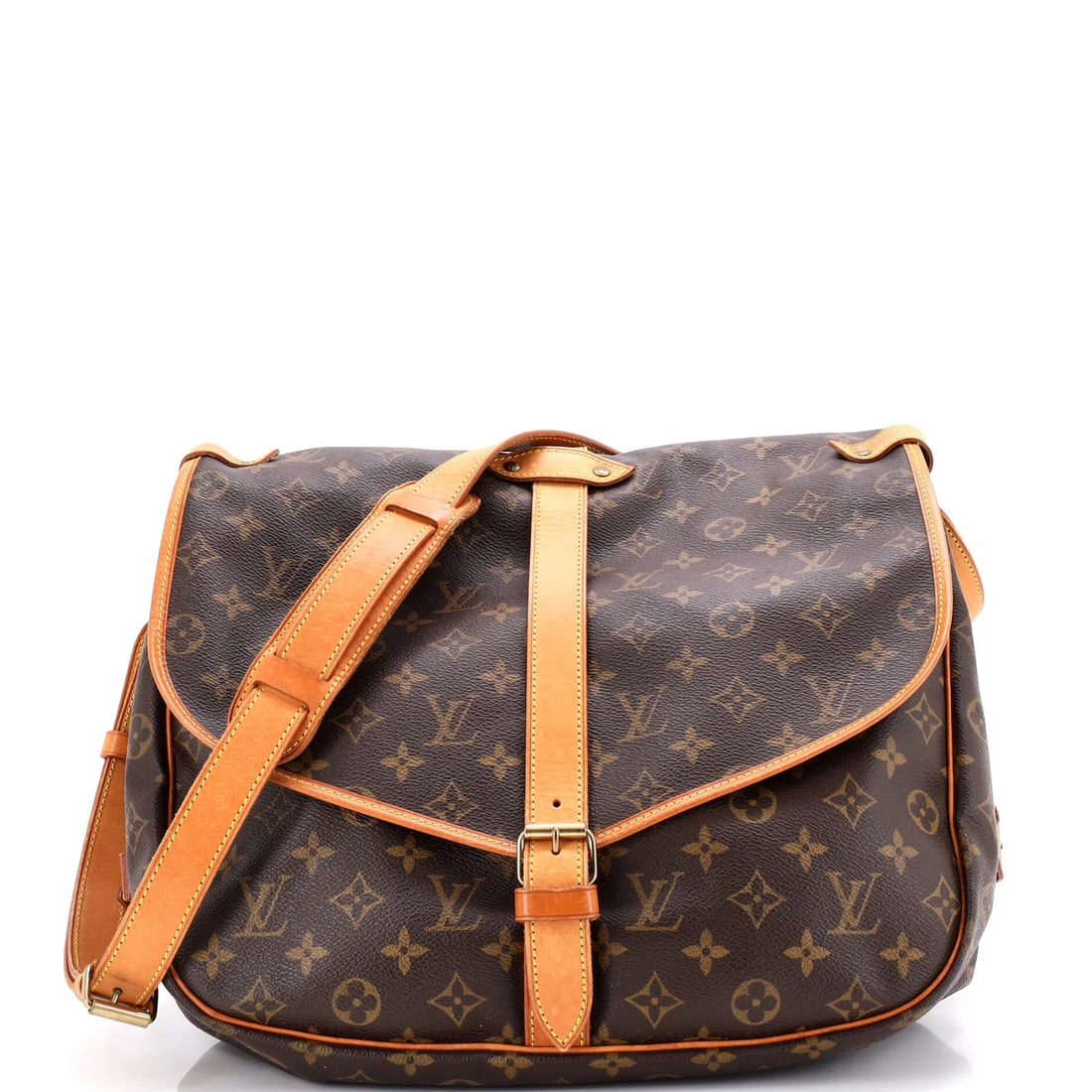 35 Louis Vuitton Saumur Handbag Monogram Canvas: 35 Louis Vuitton Saumur Handbag Monogram Canvas A pre-owned Louis Vuitton Saumur Handbag Monogram Canvas in rich brown, boasting the iconic monogram pattern on canvas-coated exterior and supple fabric