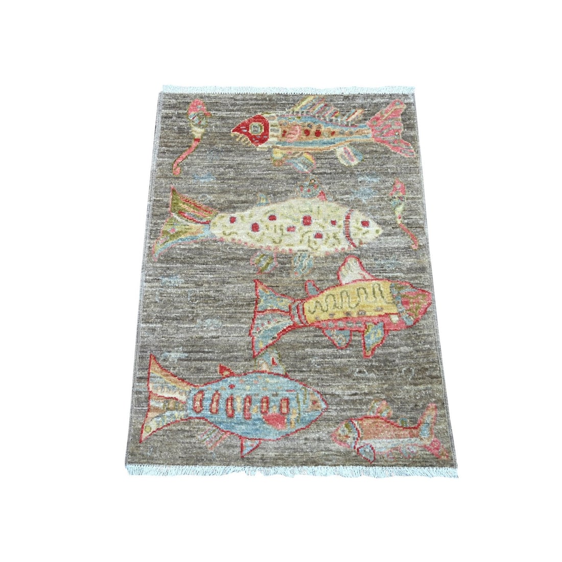 Rug 2'x2'9" Brown Peshawar Oceanic Fish Design Hand Knotted Soft Wool Mat: Rug 2'x2'9" Brown Peshawar Oceanic Fish Design Hand Knotted Soft Wool Mat Experience the rich cultural heritage of Afghanistan with this exquisite, hand-knotted Peshawar-style rug, featuring an oceani