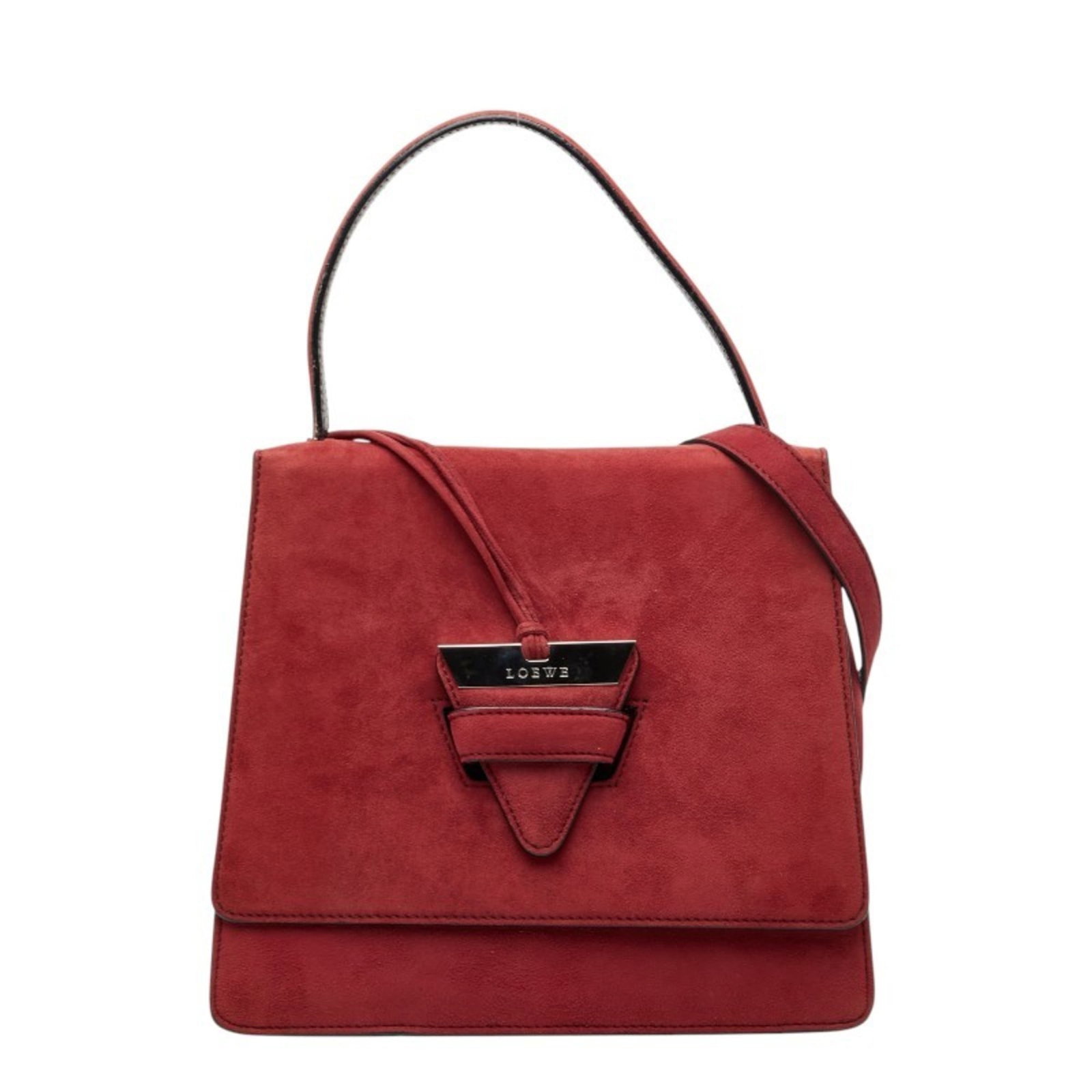Loewe Suede Shoulder Bag: Loewe Suede Shoulder Bag A stunning Loewe suede shoulder bag in rich red, this timeless piece exudes elegance and sophistication. With its classic design and premium materials, it's perfect for adding