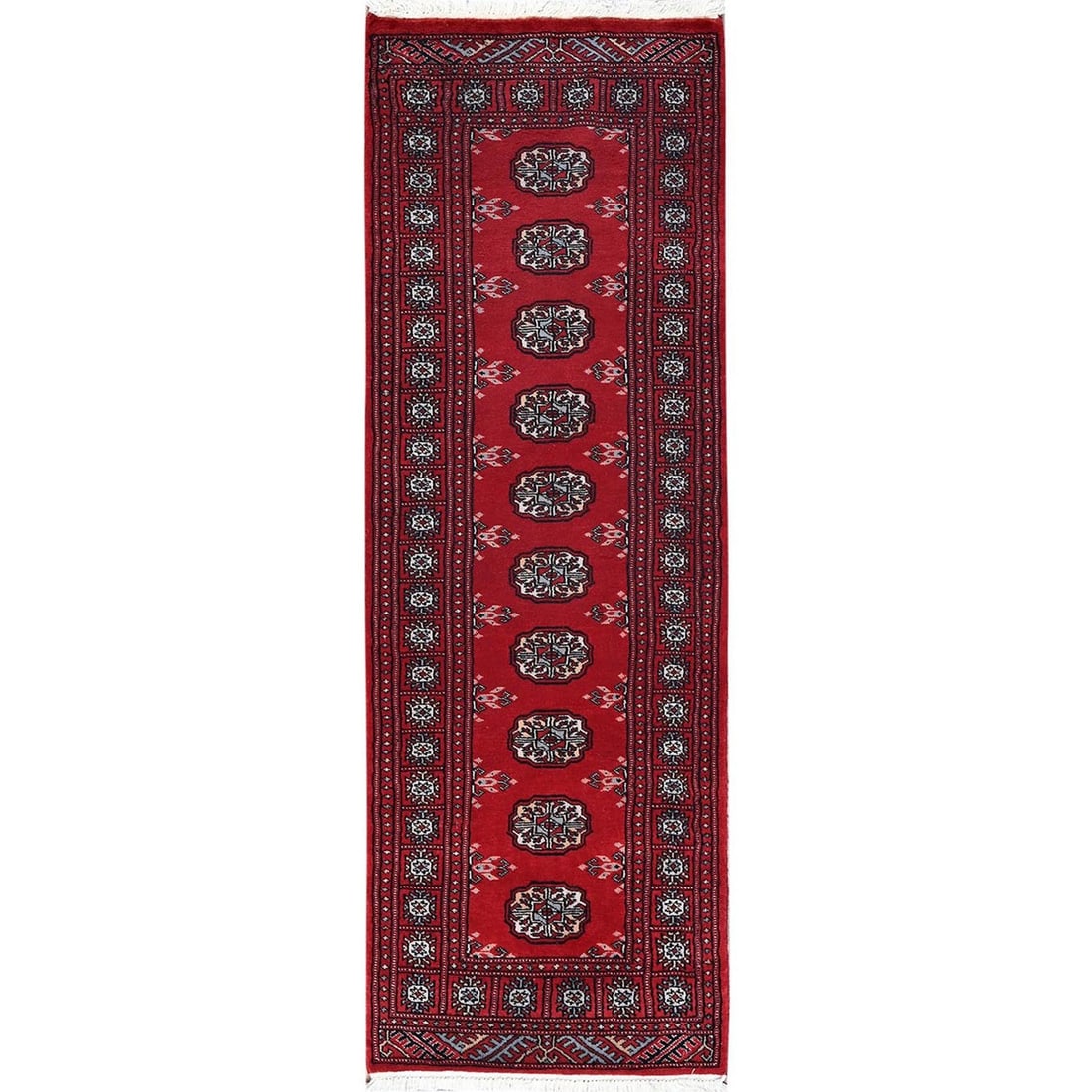 Rug 2'x6' Chili Red Princess Bokara Soft Wool Hand Knotted Narrow Runner: Rug 2'x6' Chili Red Princess Bokara Soft Wool Hand Knotted Narrow Runner Experience the rich beauty of Afghan craftsmanship with this stunning 2'x6' Chili Red Princess Bokara Soft Wool Hand Knotted Na
