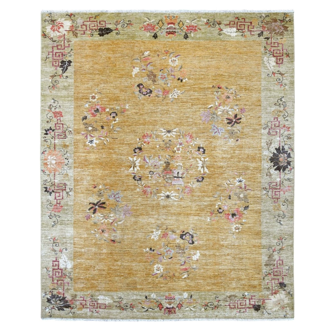 Brown, 8'4"x9'10", Hand-Knotted, Peshawar Wool, Art Deco Inspired Rug: Brown, 8'4"x9'10", Hand-Knotted, Peshawar Wool, Art Deco Inspired Rug Experience the rich heritage of Peshawar, Afghanistan with this stunning hand-knotted rug, boasting an intricate floral pattern in
