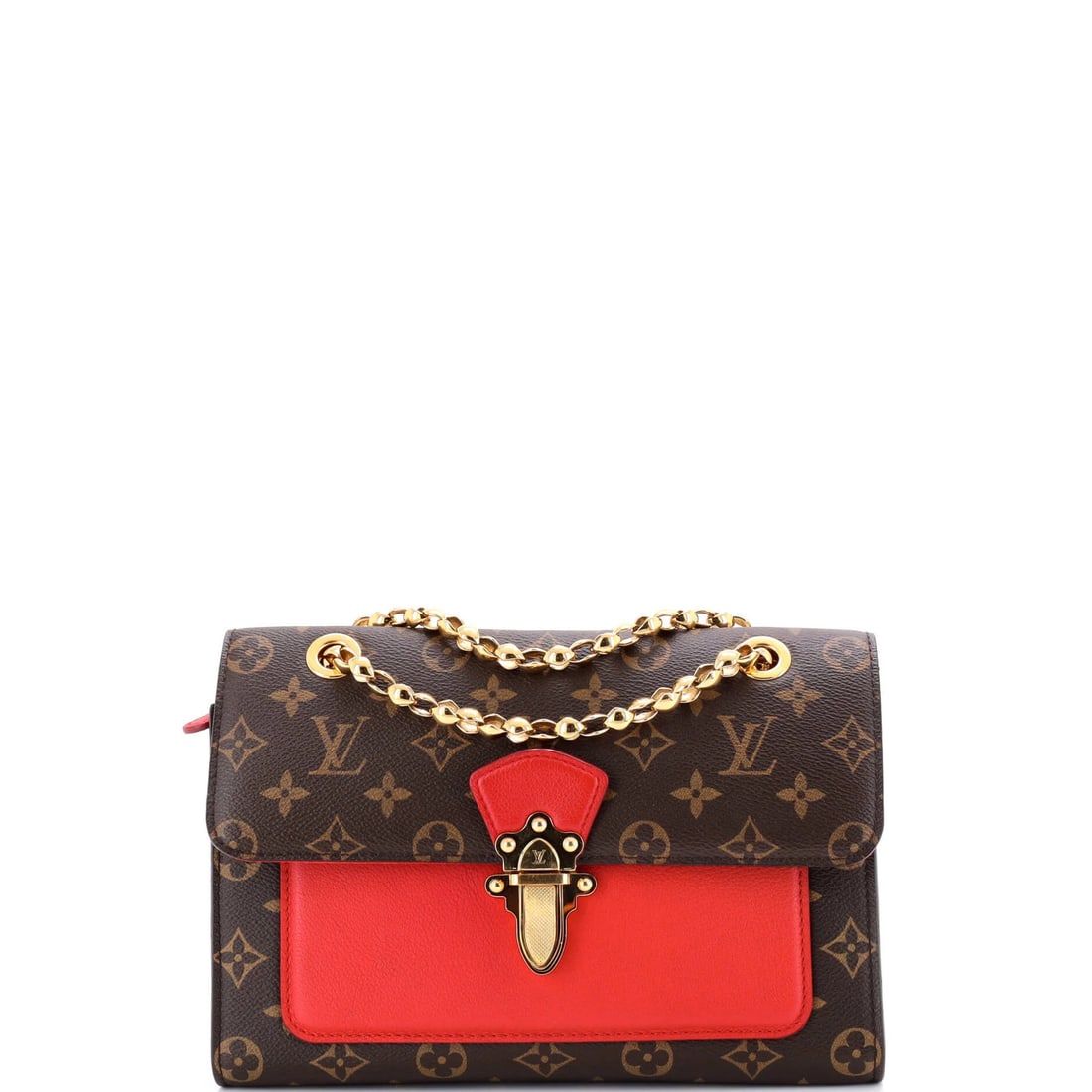 Louis Vuitton Victoire Monogram Canvas & Leather Handbag: Louis Vuitton Victoire Monogram Canvas & Leather Handbag Own the iconic style of Louis Vuitton with the Victoire Monogram Canvas & Leather Handbag, boasting a striking red exterior adorned with the si